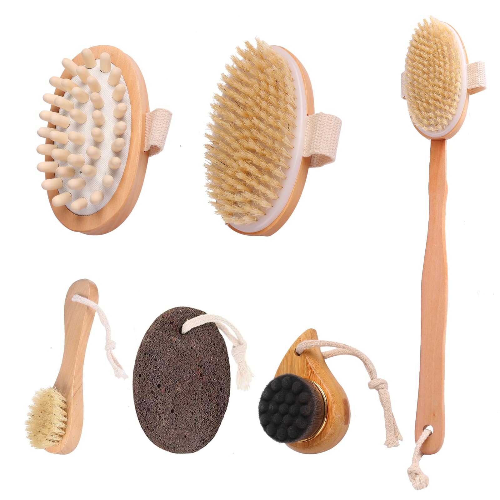 JNUYISW Cuerpo Cepillo, Exfoliación Cepillo de Masaje Corporal, Cepillo de Pies con Piedra Pómez para Natural, Cepillo de Masaje Facial, Cepillo de Cuerpo de Mango Largo Reducir la celulitis