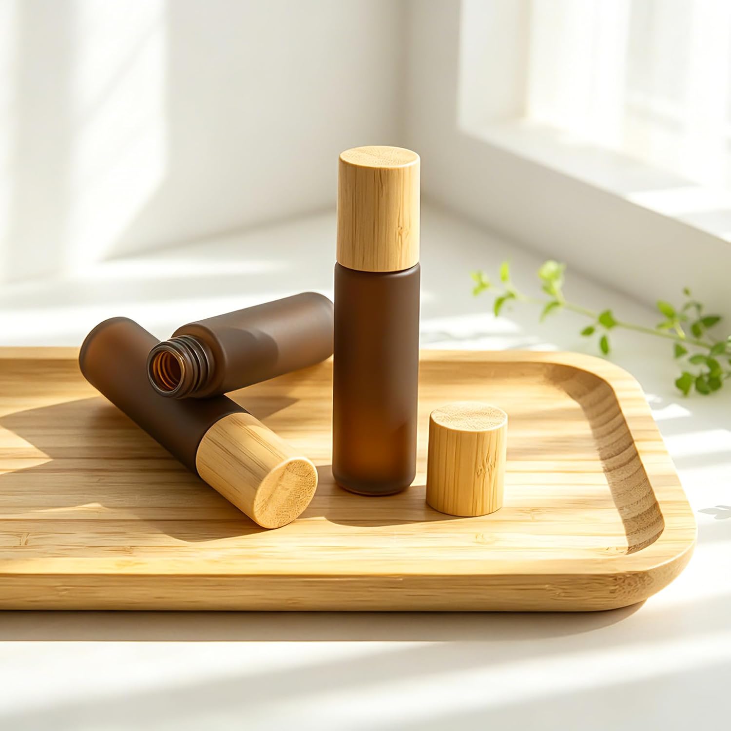 COSIDEA 18 pcs Empty Bamboo 10ml Glass Frosted Amber Roller Bottles for Essential Oil, 0.33OZ Essential Oil Brown Roller Bottles with bamboo lid and with Stainless Steel Ball