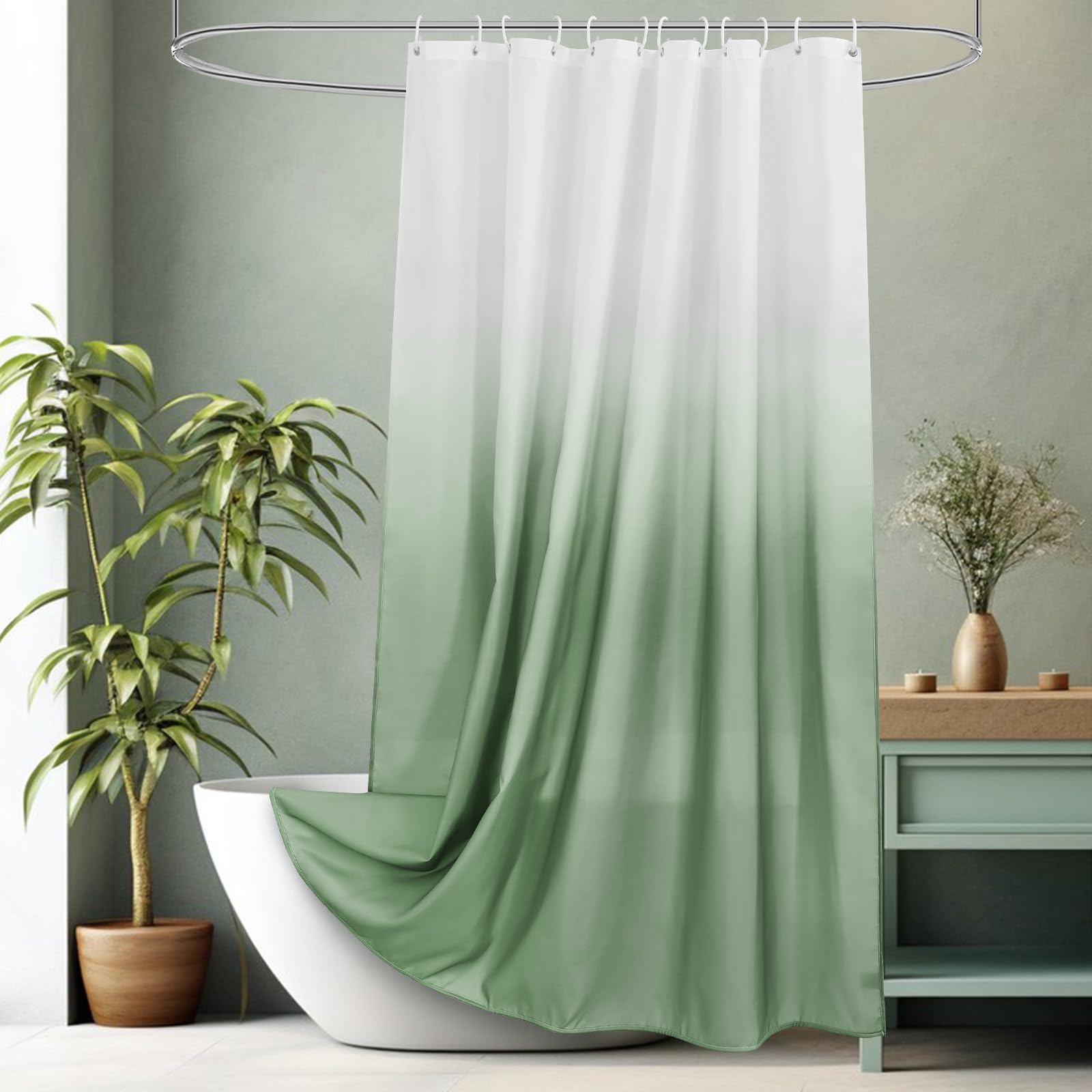 AooHome Fabric Shower Curtains, Cloth Ombre Green Shower Curtain Sets, Washable Fabric Green and White Shower Curtain, Rustic Farmhouse Bathroom Shower Curtains, 72x78 Inches