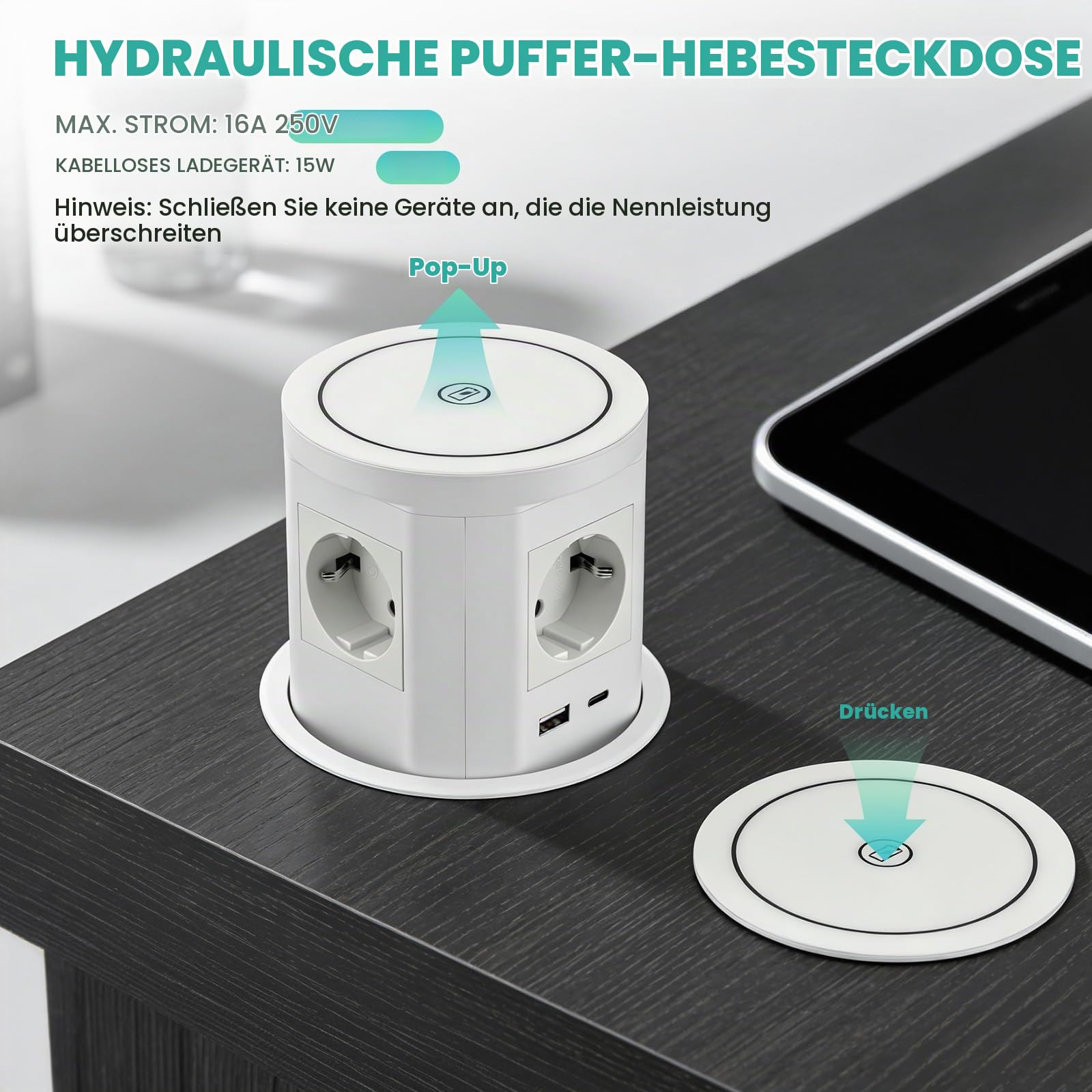 Versenkbare Steckdose mit USB C PD 75W, 8-in-1 Einbausteckdose mit 15W Kabelloses Ladegerät, 4 Fach Versenkbare Tischsteckdose für Arbeitsplatte Küche, 1,5M Kabel, D 115MM