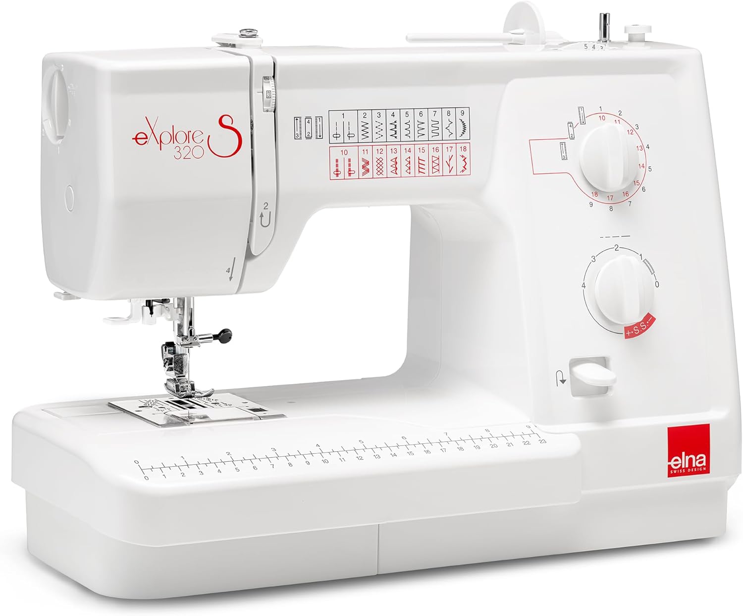 Elna Explore 320s Mechanical Sewing Machine with 19 Stitches including Utility, Decorative, and Stretch, Jam-Proof Top Loading Bobbin in a Portable Design with Extra-Wide Sewing Bed