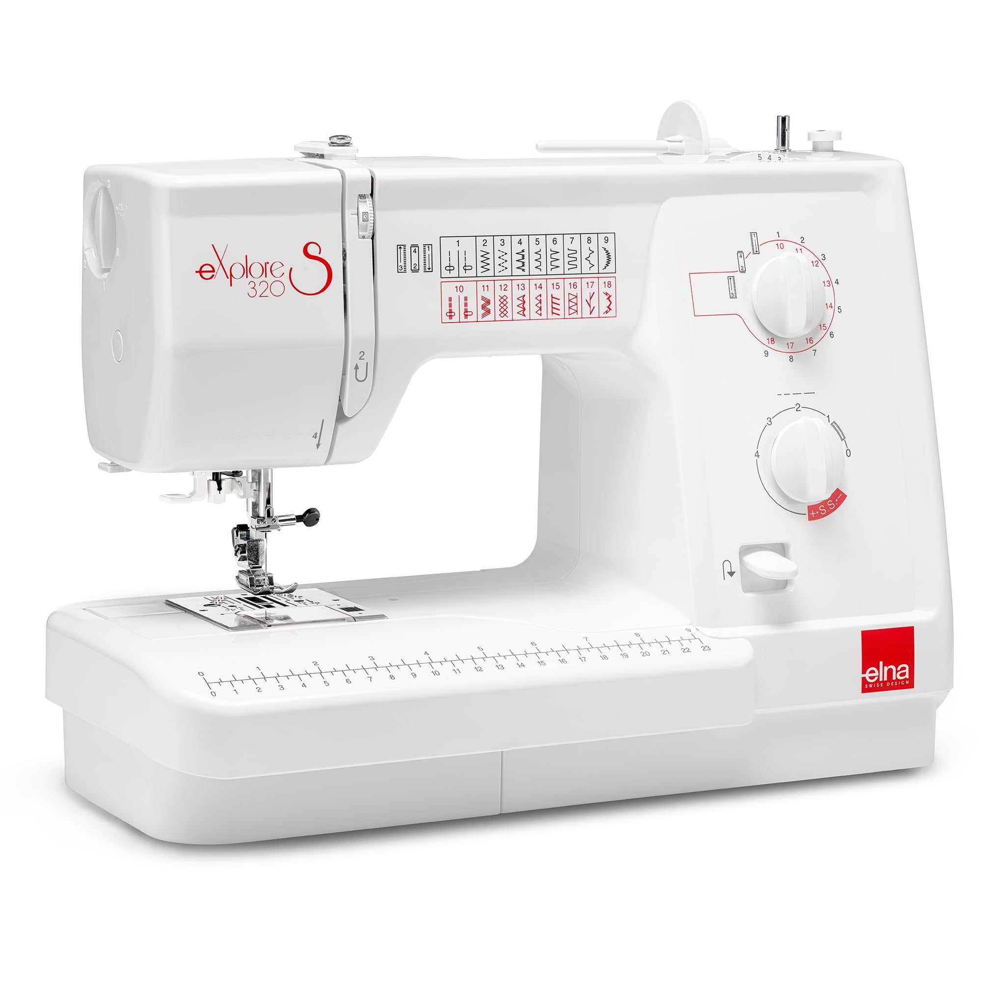 Elna Explore Macchina da cucire meccanica degli anni '320 con 19 punti con utilità, decorativa ed elastica, bobina di ricarica superiore contro la congestione dal design portatile con dimensioni del