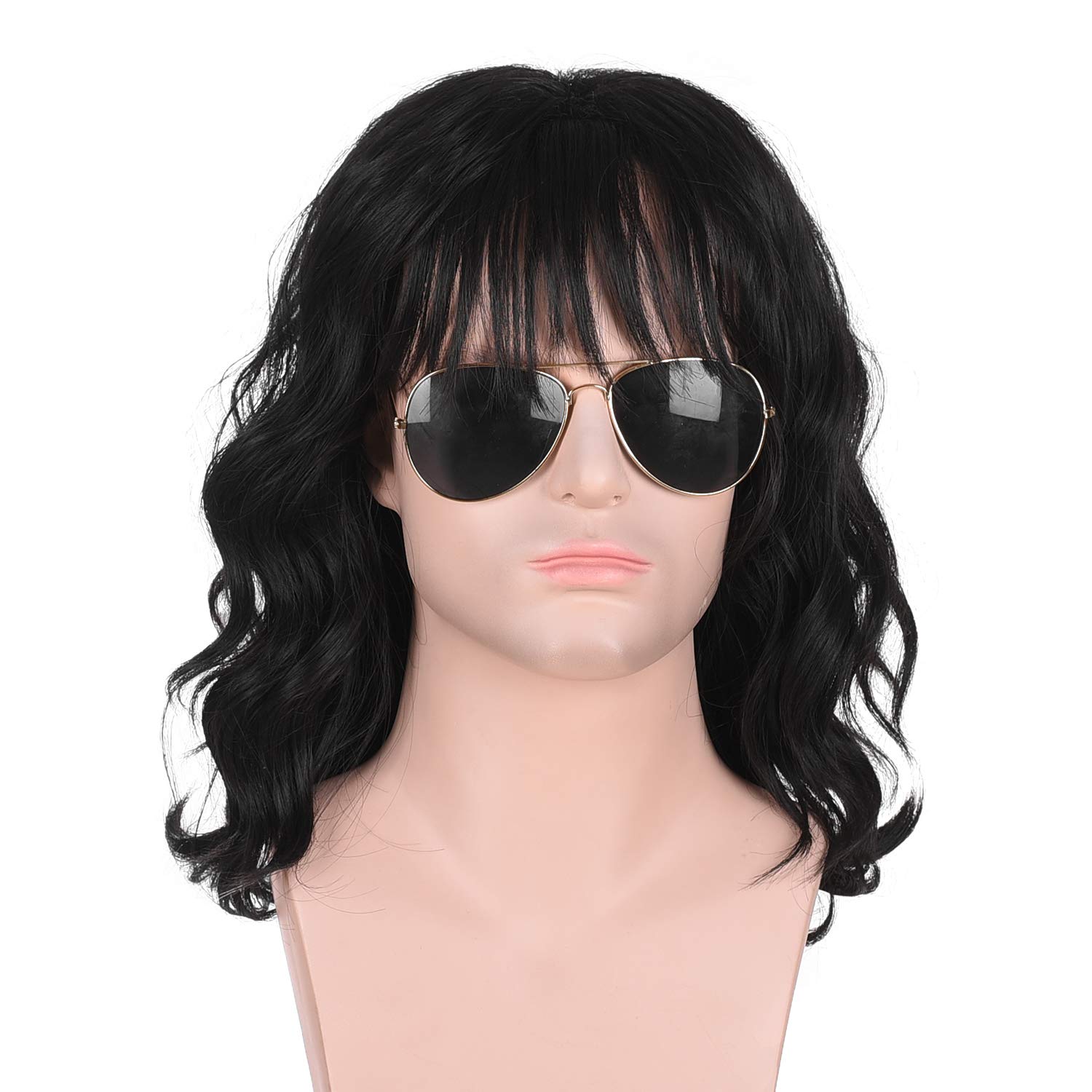 Mens 70s 80s California Black Curly Big Hair Wig Glam Mullet Rocker Wig for Halloween, Cosplay, Themed Costume Party