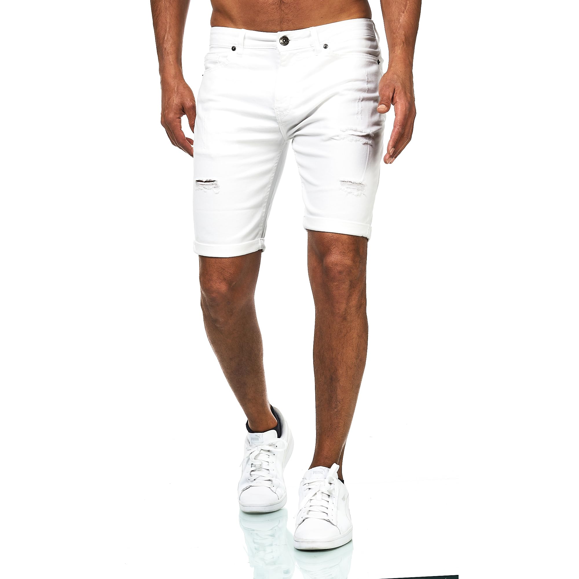 JEEL Herren Kurze Hosen - Slim-Fit Jeans-Shorts - 5-Pocket-Style - Stretch Herren-Shorts - Kurze Hose für Männer - Basic Washed Destroyed - 18-Weiß - 30W
