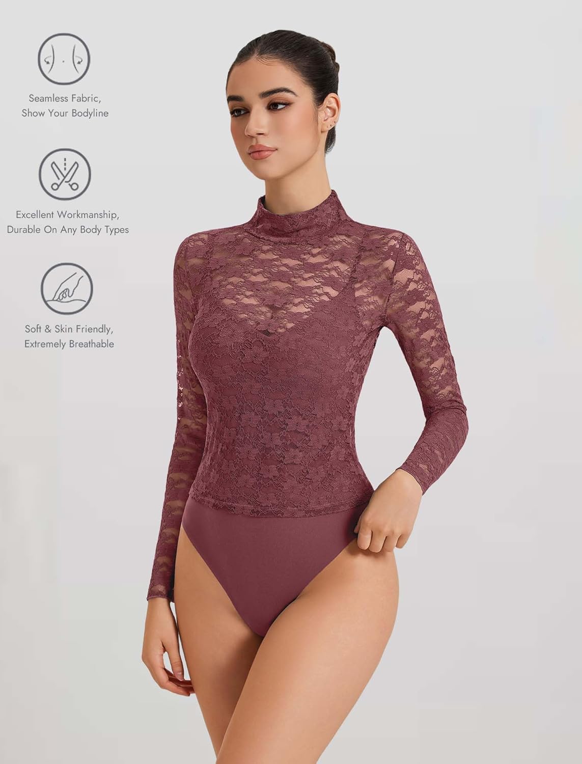 Avidlove Womens Long Sleeve Bodysuit Lace Tops Turtle Neck Shapewear Body Suits Going Out Top Fall Outfits Two Piece Set - Image 2