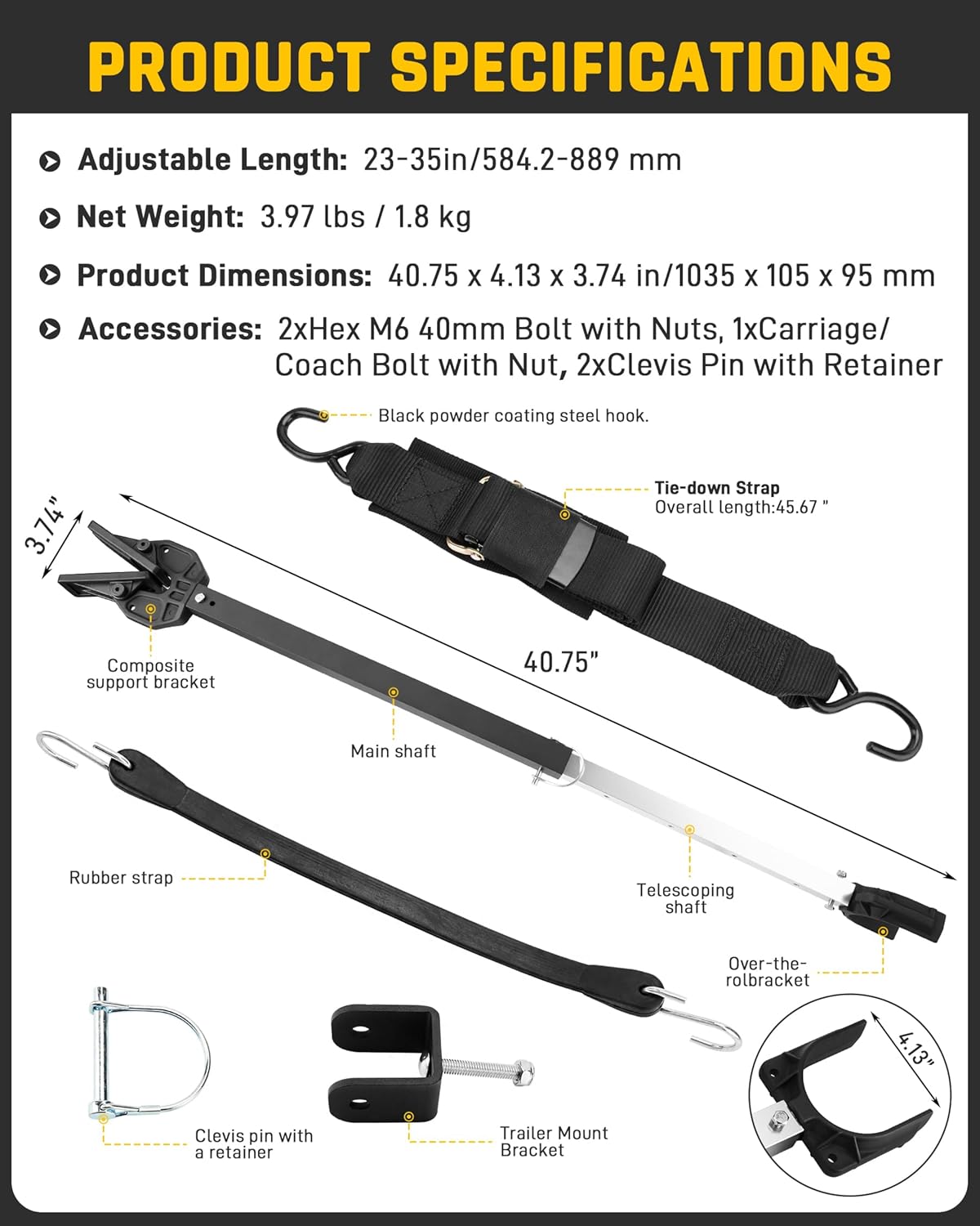 Wyckoff Boat Transom Saver Adjustable 23”-35”, 2PCS Boat Trailer Tie Down Straps and Corrosion-Resistant Transom Savers for Outboard Motor, Easy-to-Install Fit for Roller & Trailer