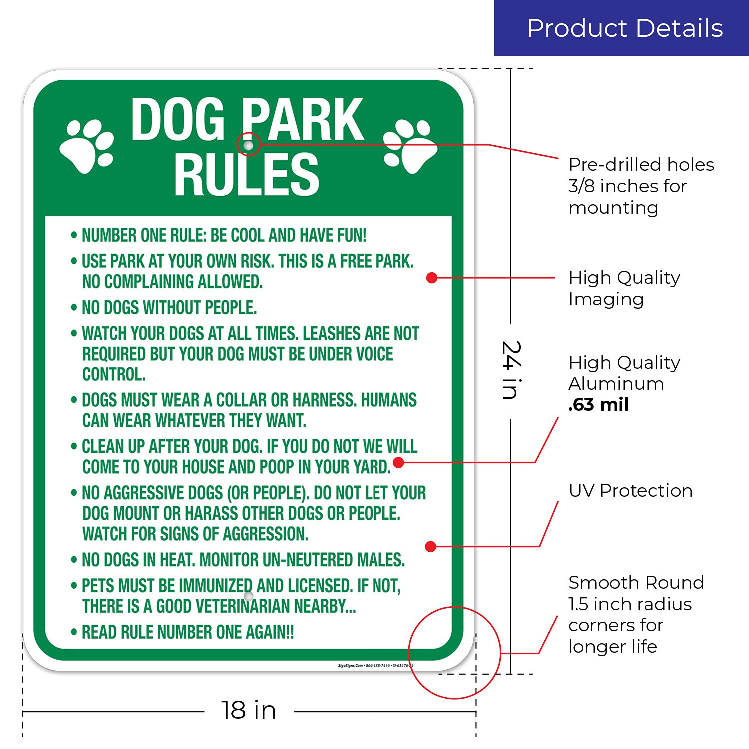 Dog Park Rules Sign, 18x24 Inches, Rust Free .063 Aluminum, Fade Resistant, Made in USA