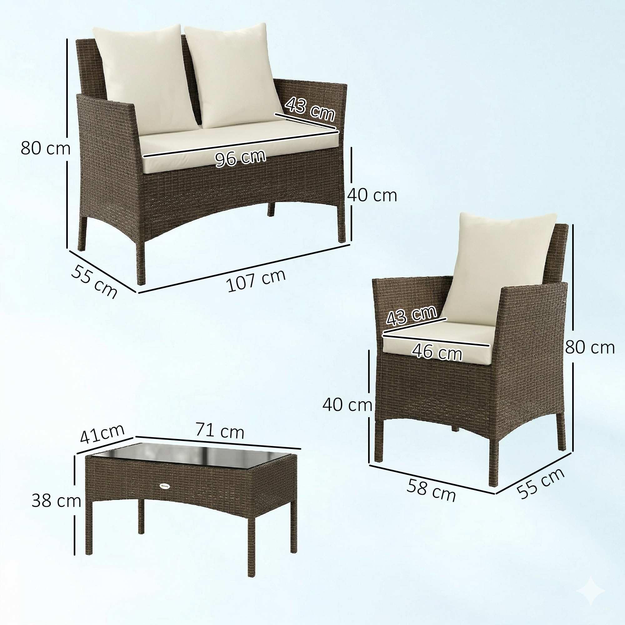 Outsunny Conjunto de Jardín Exterior de Ratán Conjunto de Terraza Marrón | Cojines Lavables, Muebles Jardín Exterior, 4 Piezas, Sofá de 2 Plazas, 2 Sillas, Mesa de Centro de Vidrio Templado