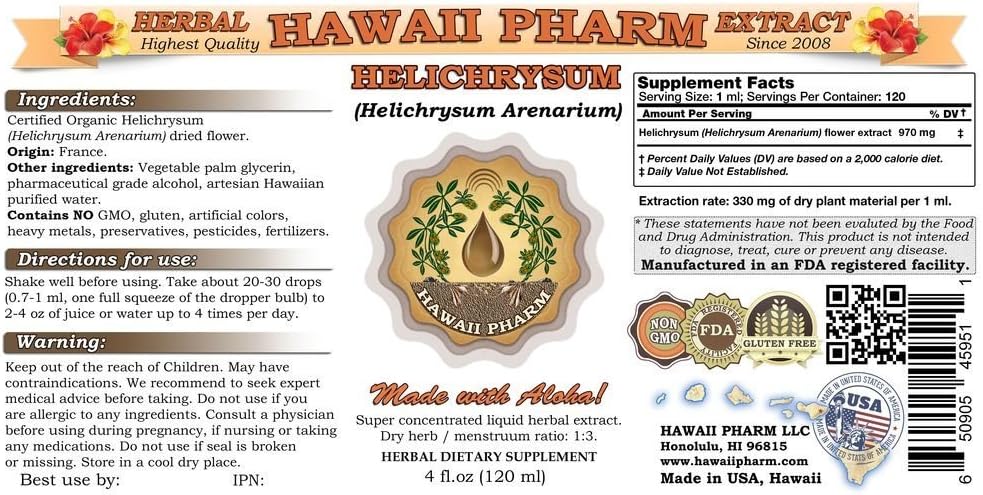 Hawaii Pharm Helichrysum Liquid Extract, Helichrysum (Helichrysum Arenarium) Tincture Supplement 4 oz
