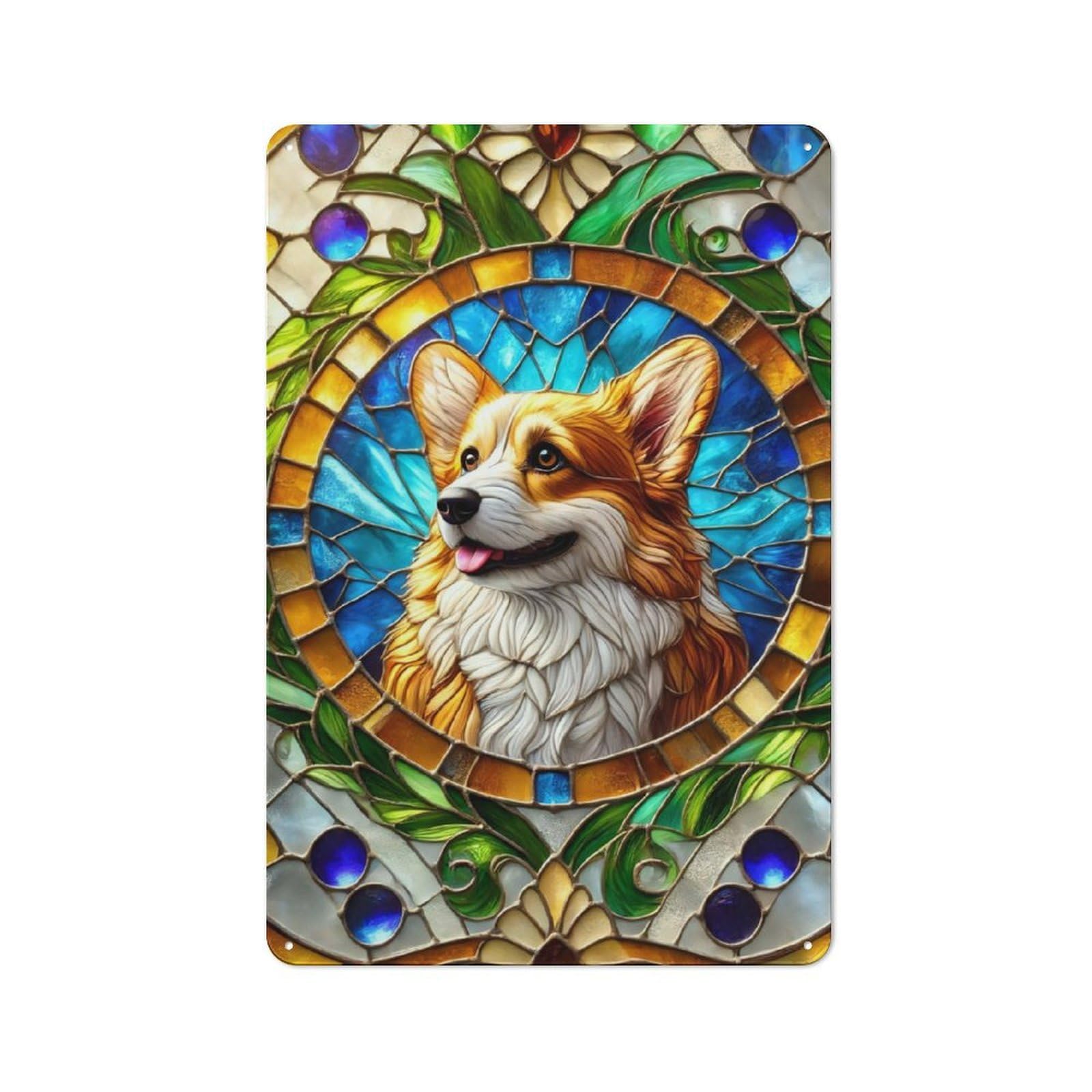 Junmoney Stained Glass Corgi Metal Sign 30X20cm With For Hallway Wall, Vintage Decor, For Garage, Workshop And Man Cave Decoration