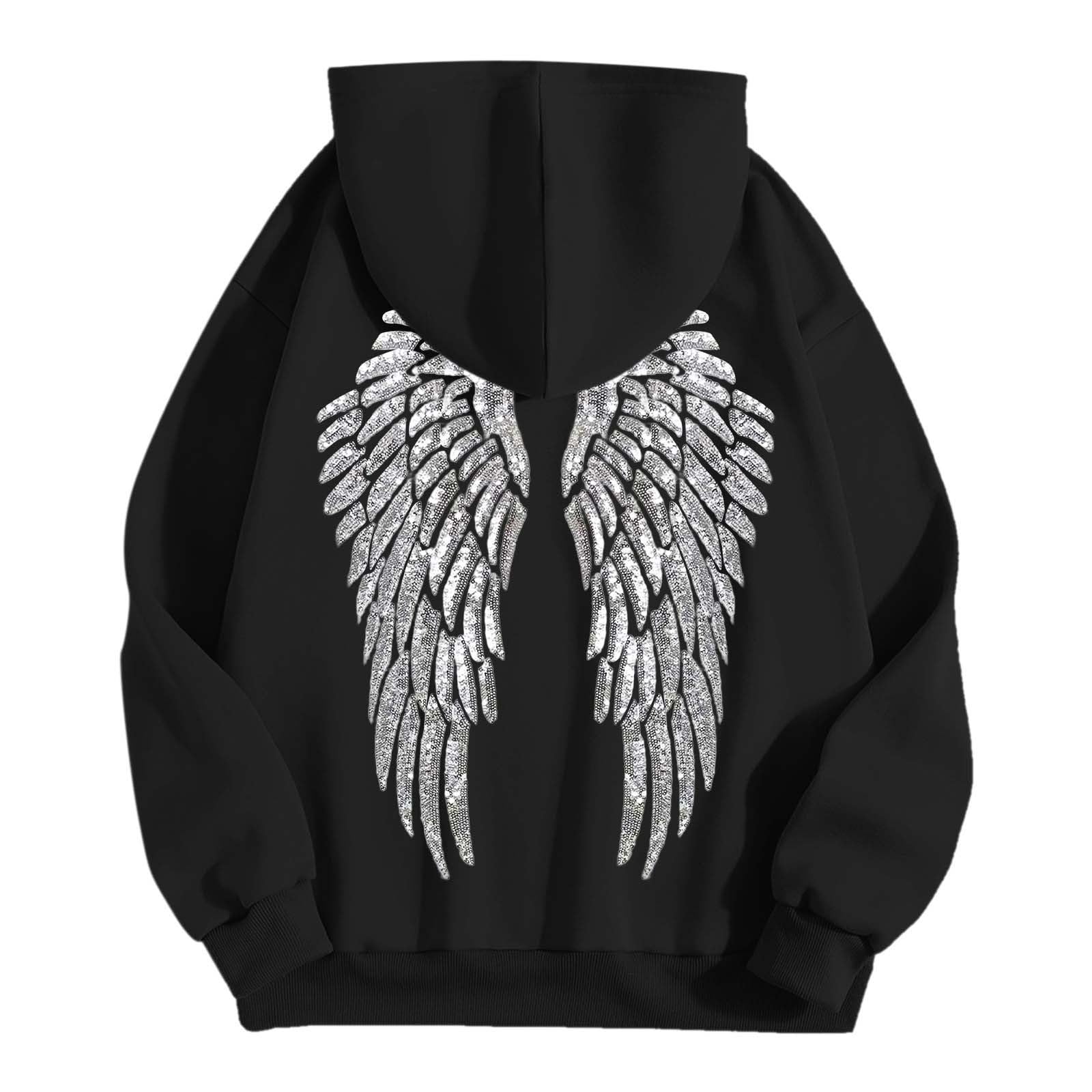 Sweat à capuche pour femme avec capuche et paillettes - Imprimé ailes d'ange - Manches longues - Col rond - Baggy - Confortable - Haut tendance - Streetwear