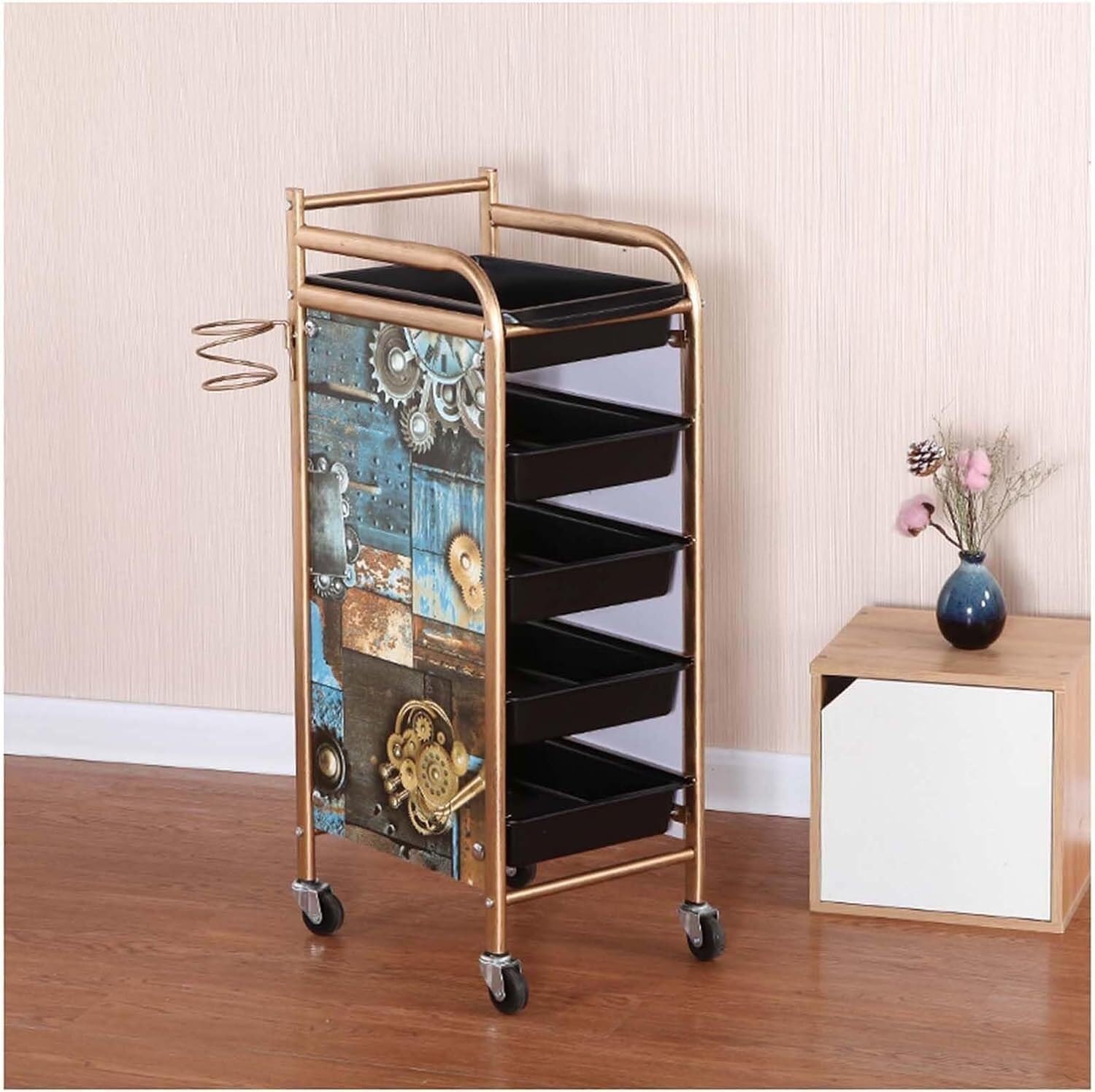 SSDDLZEQ Mobile Salon Station, Salon Rolling Cart 5 Tier Salon Trolley Steel Salon Cart Blow Dryer Rack Trolley Cart With Wheels Barber Storage Cart(E)