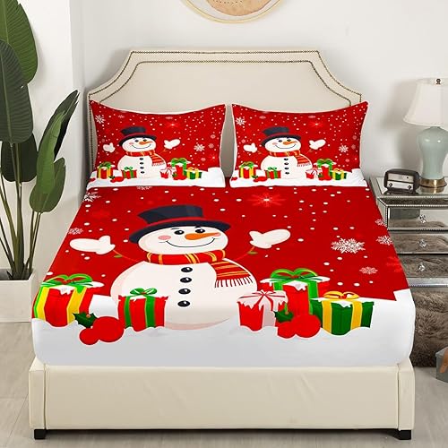 Miniatura 10 de Manfei Sábana bajera ajustable de muñeco de nieve, tamaño individual, juego de ropa de cama temática de Navidad, 2 piezas para decoración de