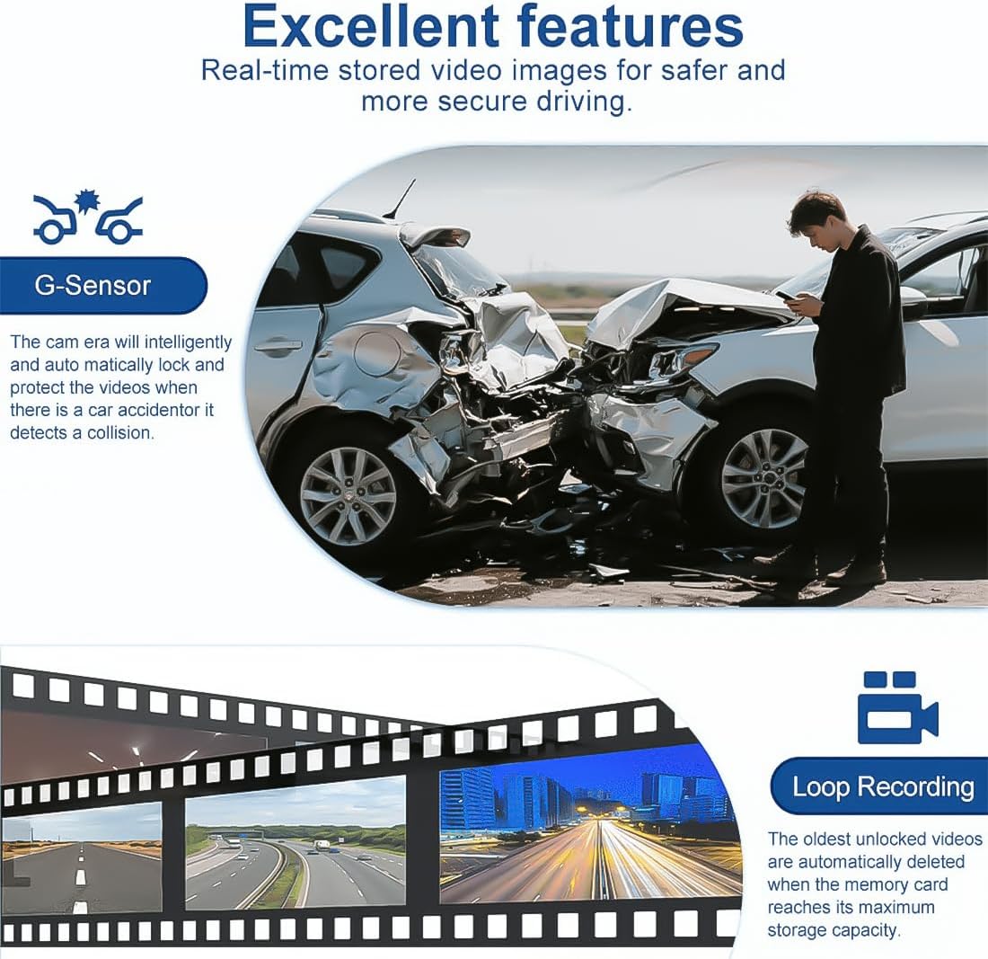 360° Car DVR WiFi 4 Channels Dash Cam Video Recorder, 1080P FHD Car Camera - Dash Cam Front and Rear with APP Control, Loop Recording, Night Vision, Parking Mode (Standard)