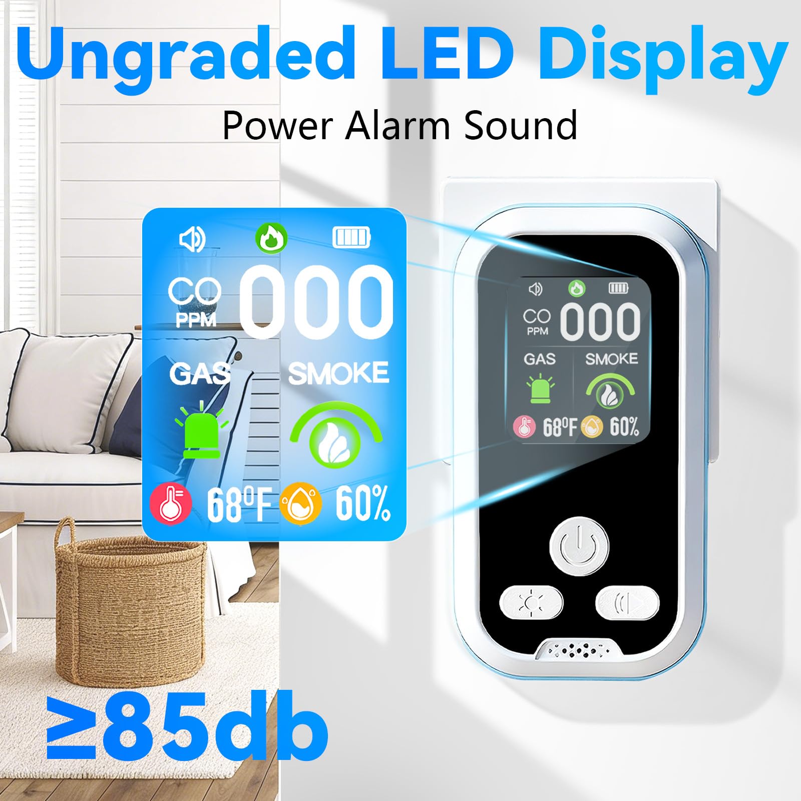 6 in1 Carbon Monoxide Detector Combo with HD Screen Monoxide Alarm Detects CO Natural Gas Smoke Temperature and — view 4