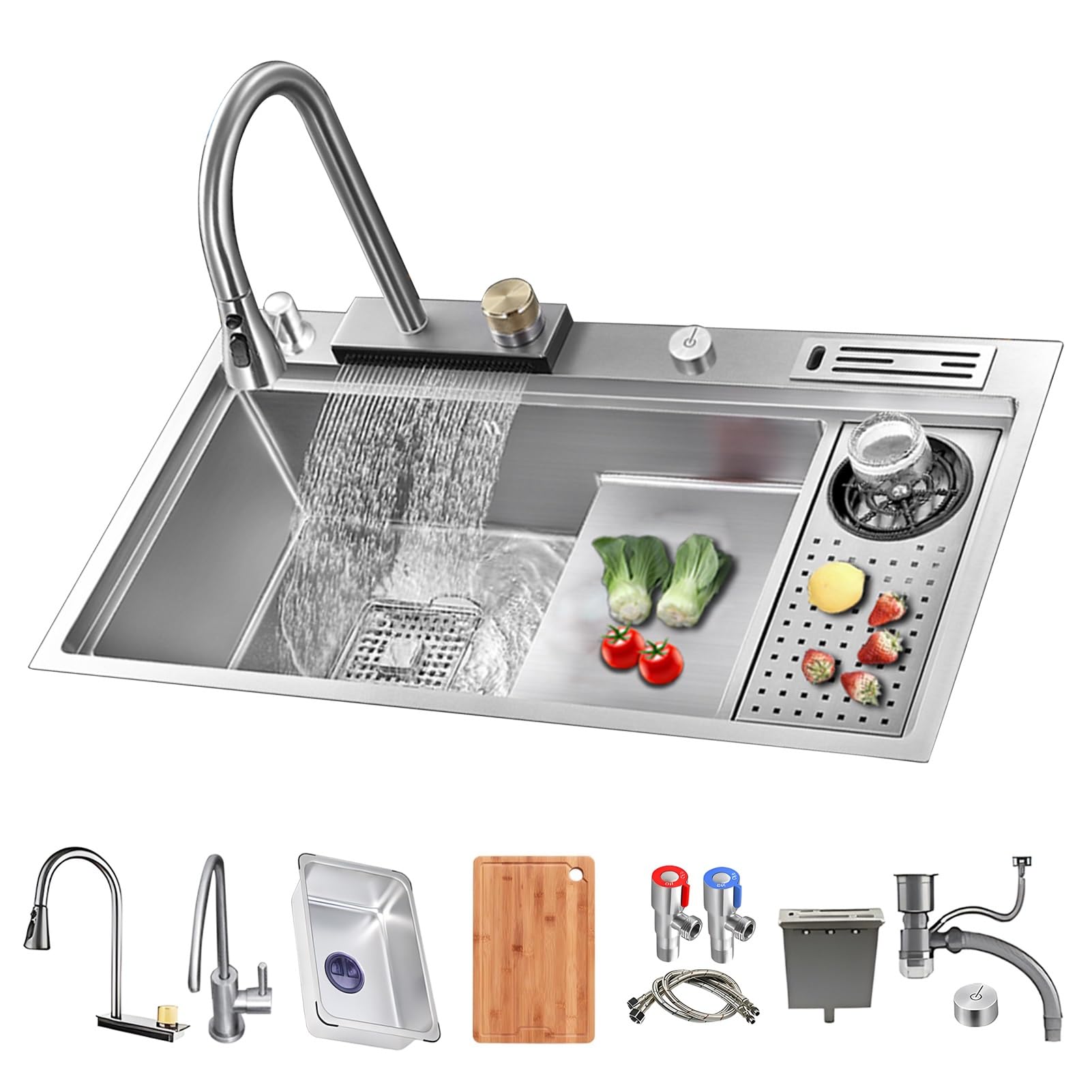 Évier de cuisine cascade cuve unique argent bassin fait main multifonction bar