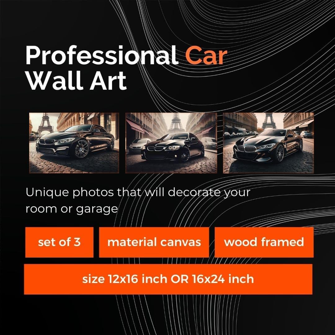 Wall Art BMW Black M3 M4 M8 In Paris Poster Car Canvas Painting Framed Set of 3 [Canvas Framed - 16x12 inch] 4