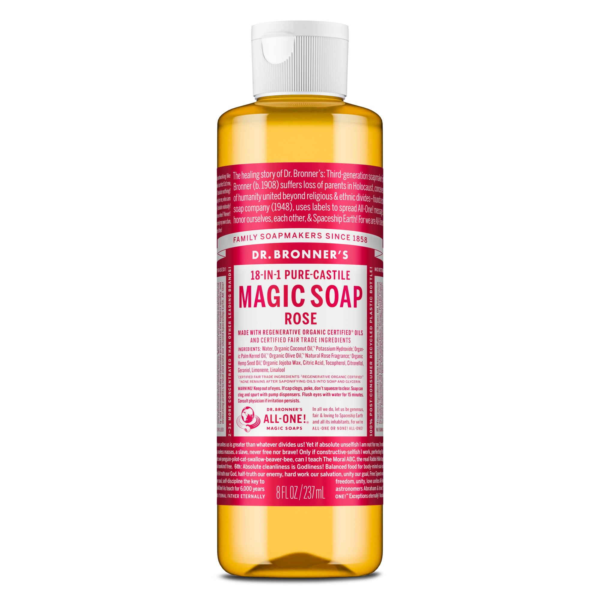 Dr. Bronner's Magic Soap Pure-Castile Liquid Soap (Rose, 32 Ounce) - Made with Regenerative Organic Certified Oils, 18-in-1 Uses: Face, Body, Hair, Laundry, Pets & Dishes, Concentrated, Vegan, Non-GMO