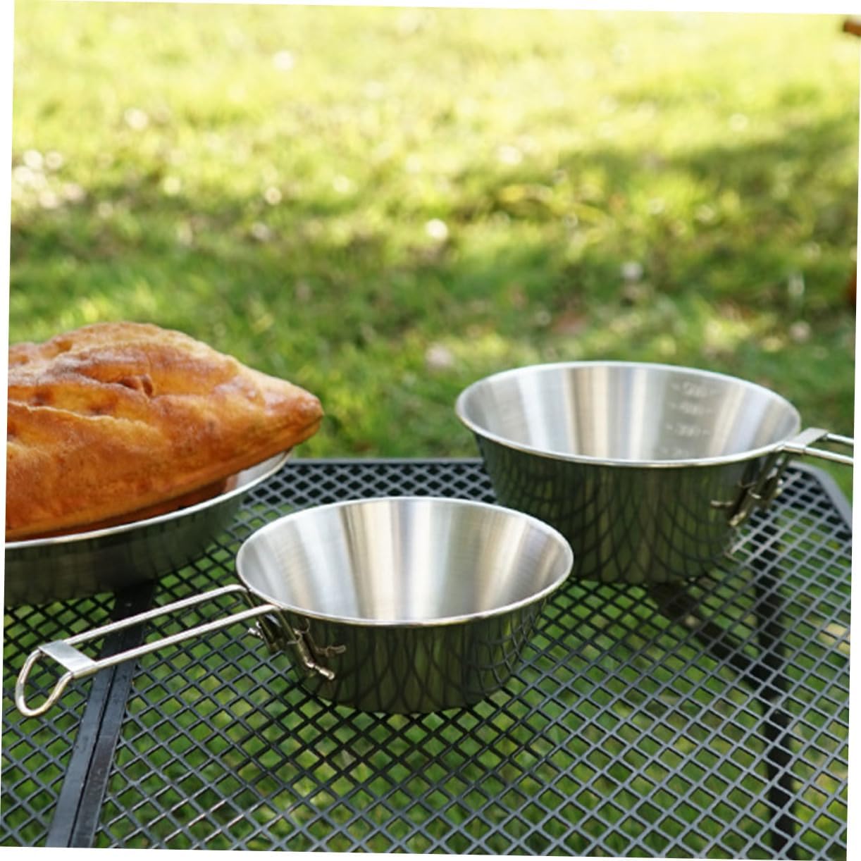 ibasenice Foldable Handle Stainless Steel Camping Bowl Portable Outdoor Food Bowl for Hiking Barbecue and Picnics present for Campers and Outdoor Enthusiasts