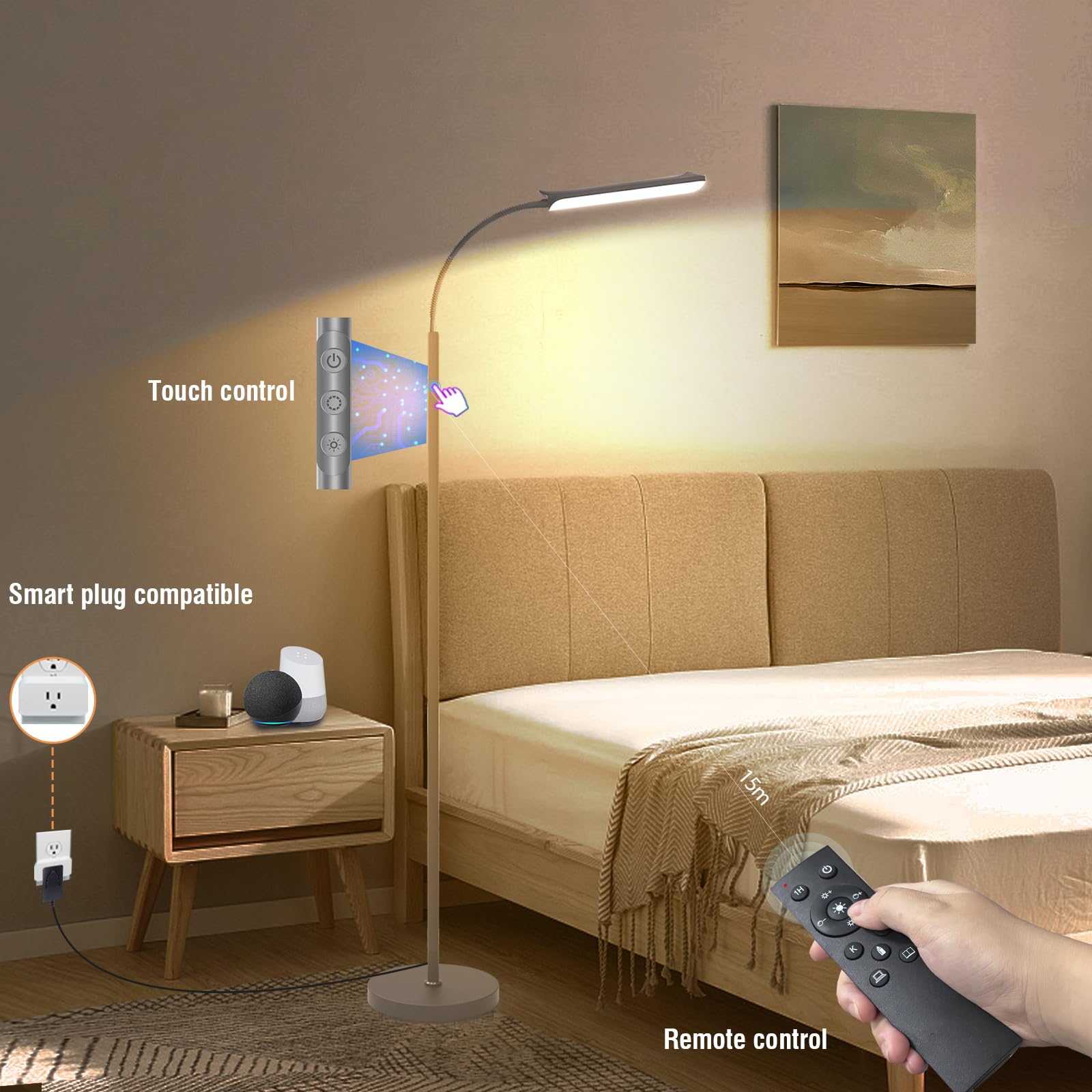 marctronic Grau LED Stehlampe Dimmbar, 18W 1800LM Stehlampe Wohnzimmer mit Fernbedienung, 165cm Stehleuchte 360° drehbar Augenschutz Leselampe Timer Standleuchte für Schlafzimmer BüRo