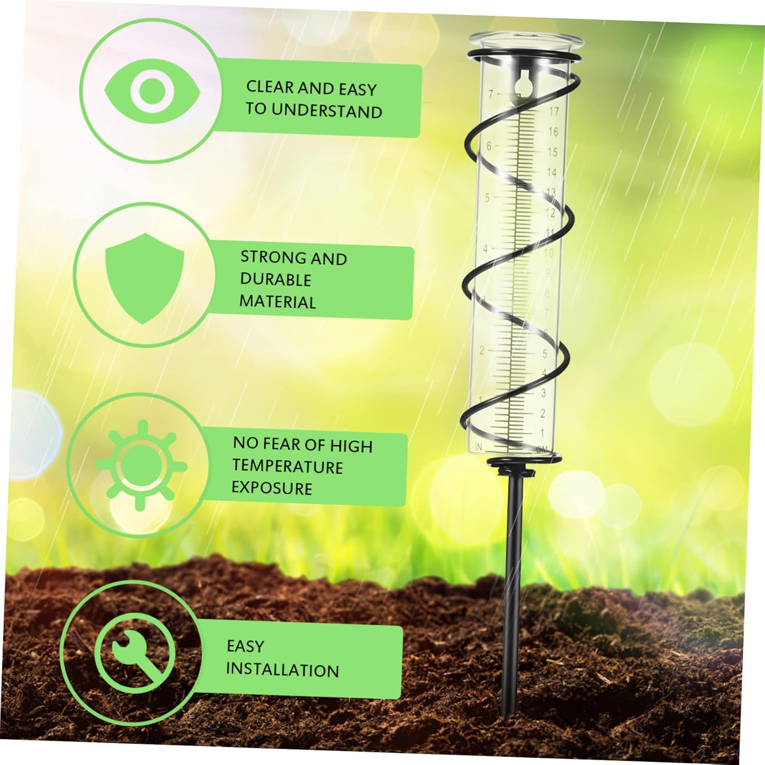 Happyyami Rain Gauge with Iron Spiral Stake for Outdoor Garden 1 Set with Replacement Graduated Cylinder for Yard and Lawn Measurement