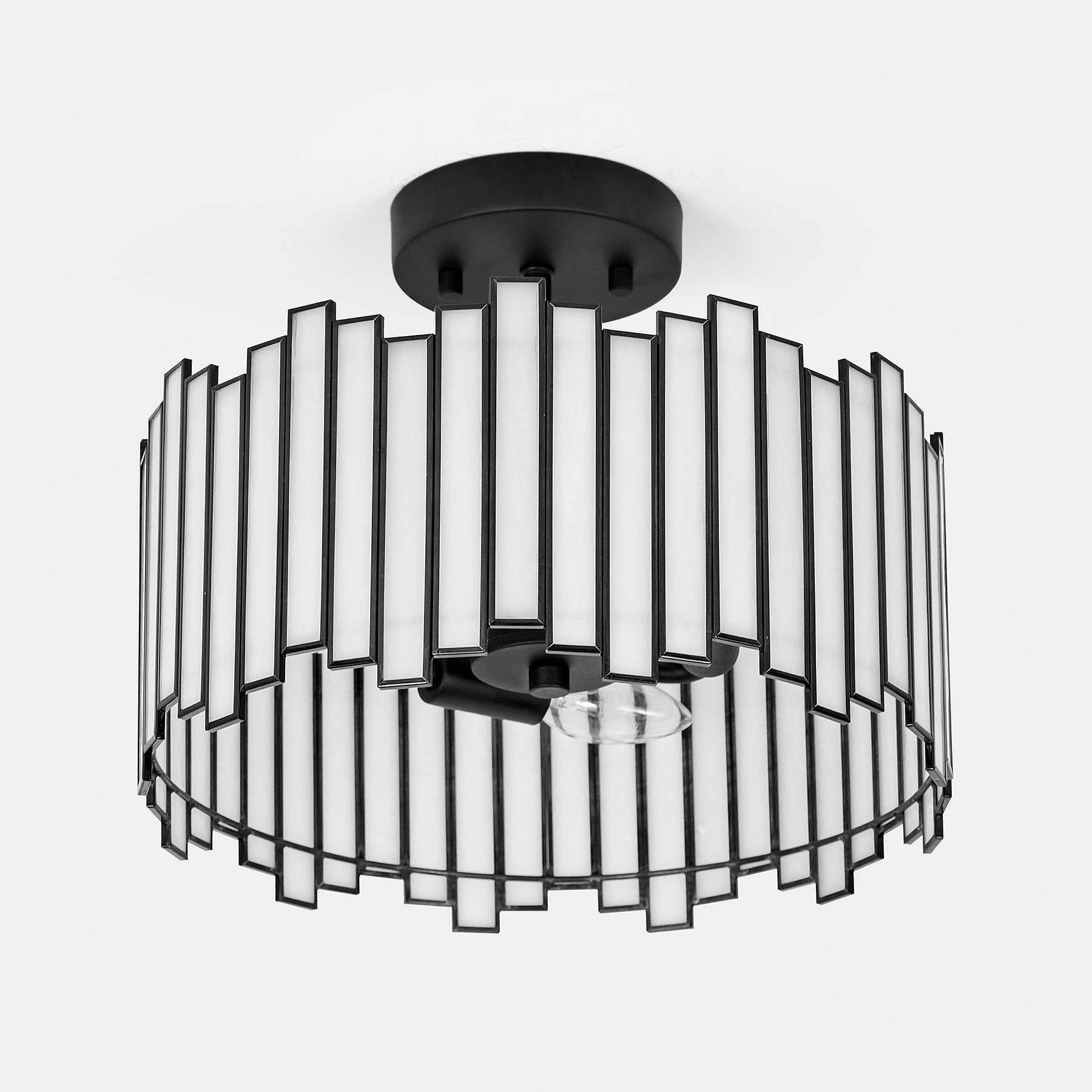 Black Ceiling Light Fixture in Drum Shape, 12.5” Modern Semi Flush Mount Tiffany Lamp with White Glass, 3-Light Round Hanging Light for Bedroom Dining Room Kitchen Entryway Living Room