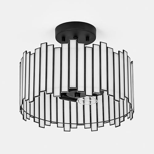 Lámpara de techo negra en forma de tambor, lámpara Tiffany moderna de montaje semiempotrado de 12.5 pulgadas con vidrio blanco, luz colgante redonda