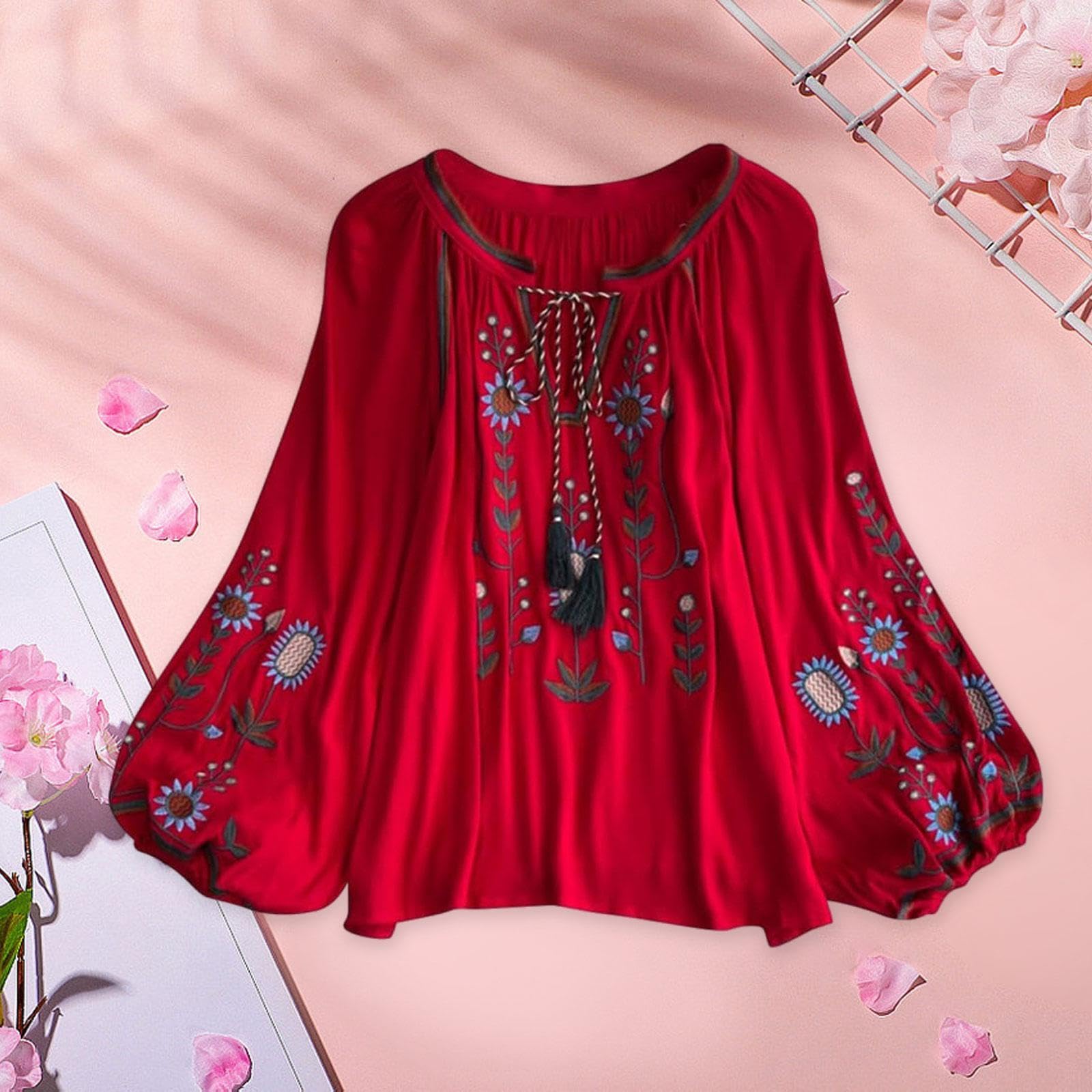 Camicetta Ricamata Da Donna con Scollo a V, Casual E con Nappine, Stile