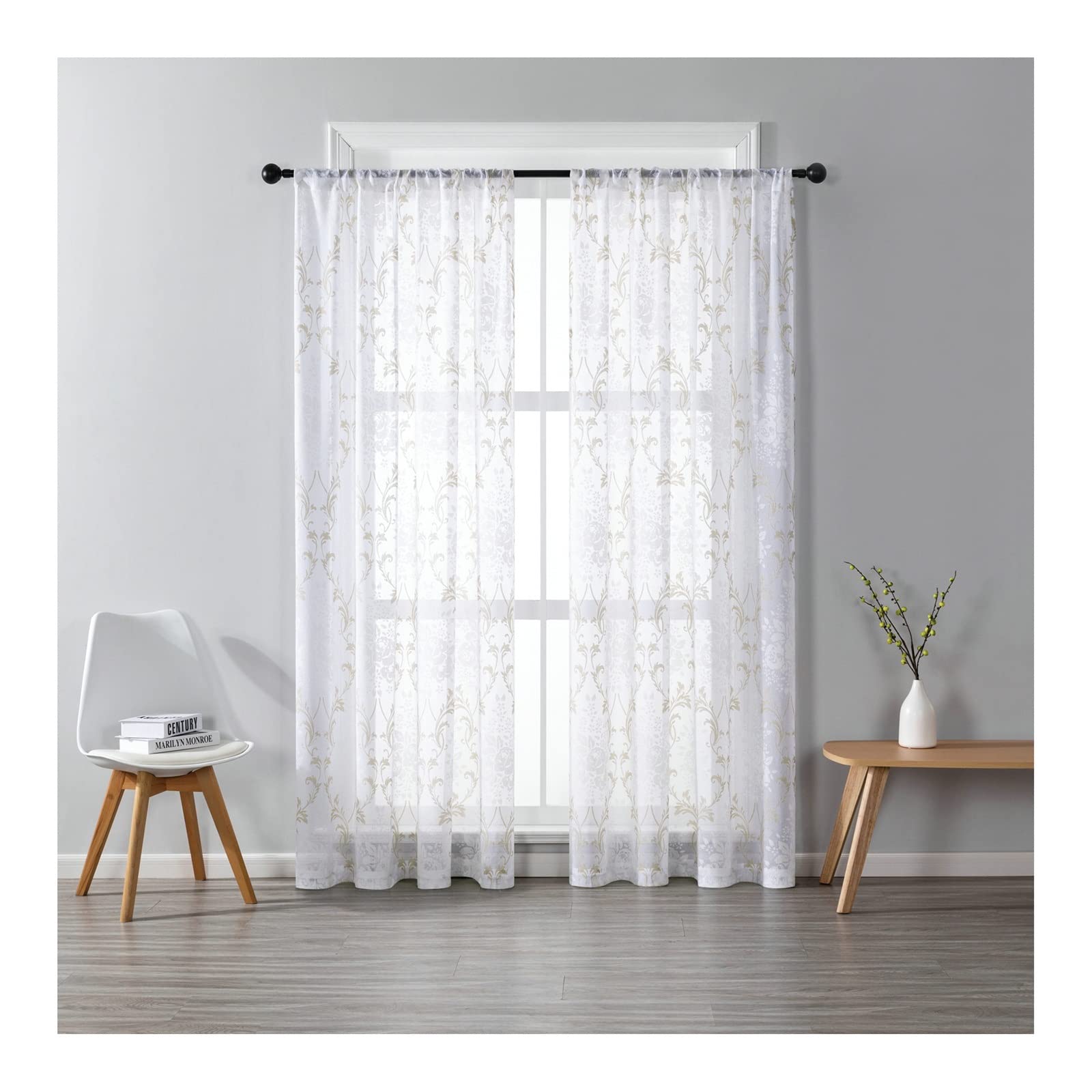KnSam Tende beige, 132 x 107 cm, con fiori ricamati, semitrasparenti, per soggiorno, vintage, senza forature, moderne, in poliestere, per camera da letto, set da 2 pezzi