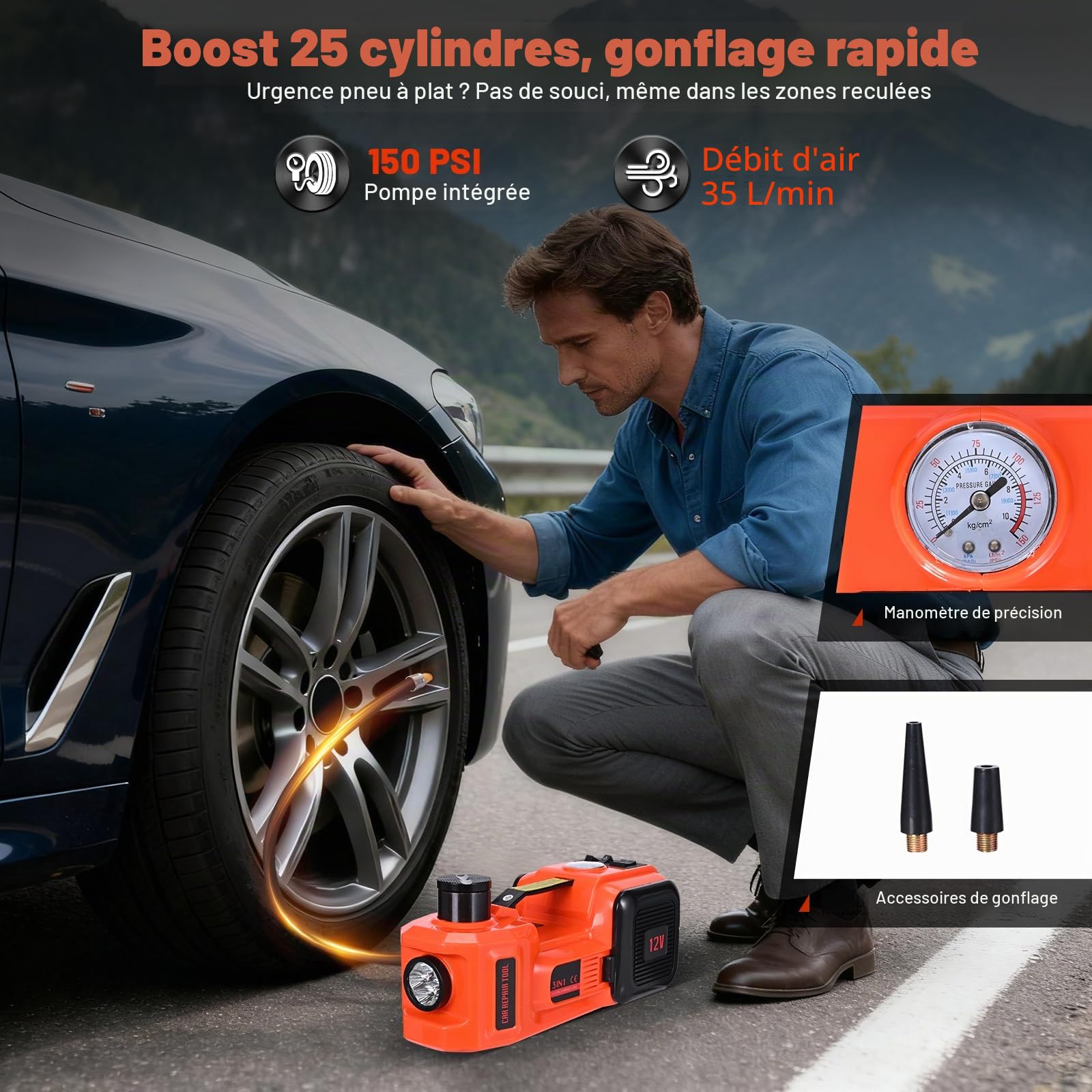 Cric hydraulique électrique avec visseuse à percussion, compresseur d'air et mallette de transport – Capacité 5 T, 150-530 mm, lumières LED, fonctionnement 12 V/CC pour le changement de pneus