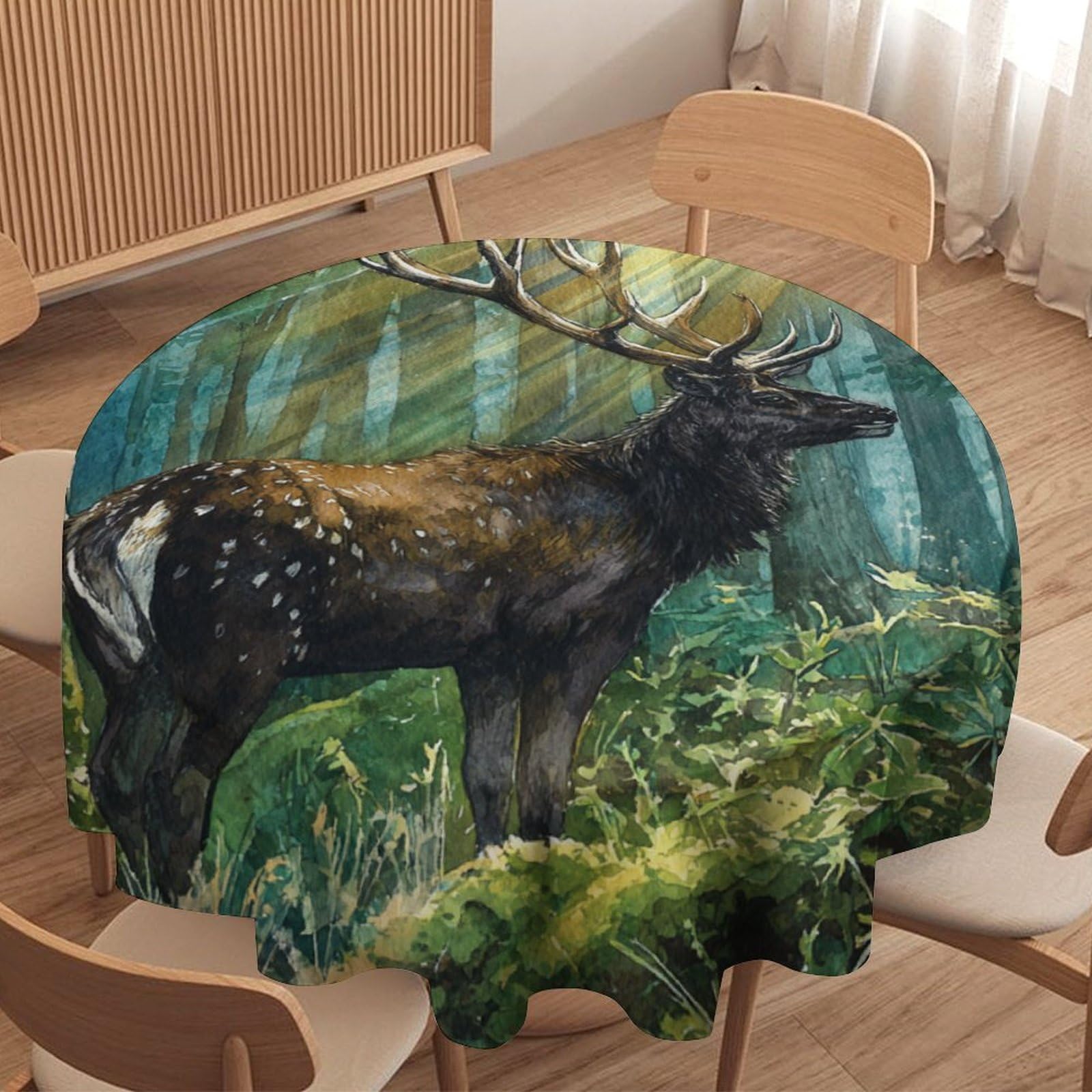 LUYYSKY Classic Vintage Animal Deer Waterproof Round Tablecloth Modern Oil Painting Natural Botanical Forest Wildlife Elk Pattern Washable Table Cover for Kitchen-91.4" Wx91.4 L cm