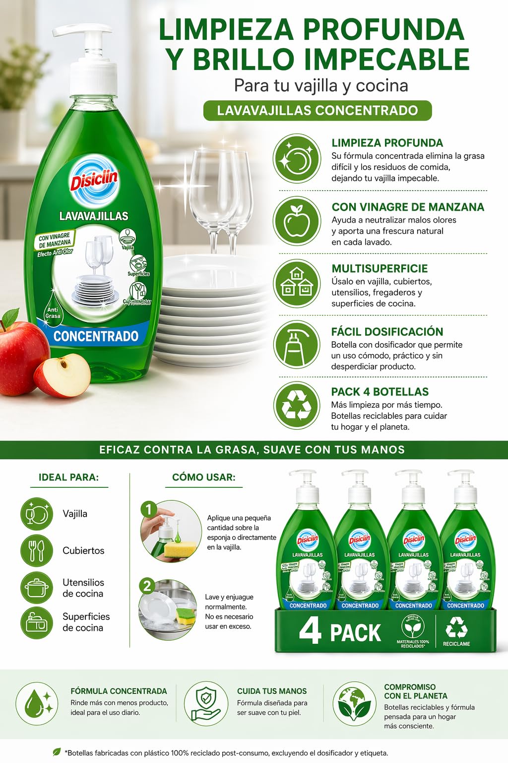Lavavajillas Concentrado Disiclin con Vinagre de Manzana, Pack 4 Botellas, Detergente Líquido para Platos