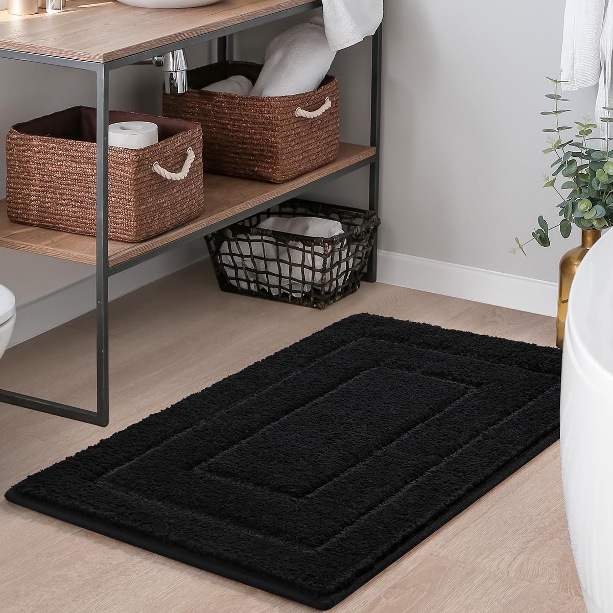 Keeko Black Bathroom Rugs, Washable Bath Rugs, 24"x17" Non-Slip Bath Rugs for Bathroom Elder Friendly, Strong Water Absorption Small Bathroom Rugs, Ultra-Soft Shower Rugs for Bathroom Floor