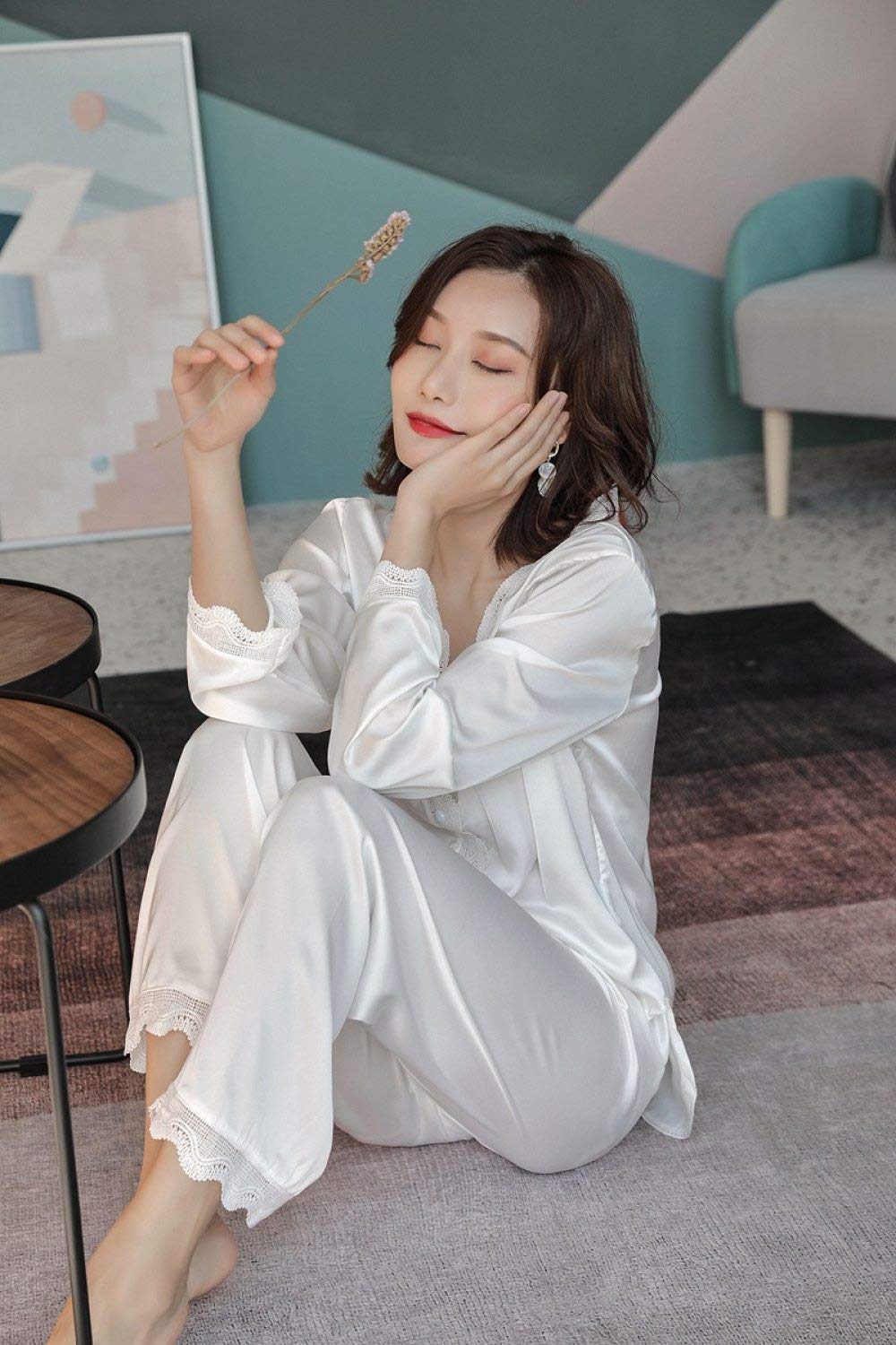 Pijamas De Mujer,Conjunto De Pijama De Seda Elegante De 2 Piezas Con Cuello En V De Satén,Manga Larga,Con Botones, Ropa De Dormir Fina Con Ribete De Encaje,Ropa De Salón De Color Puro Para Damas,Bl