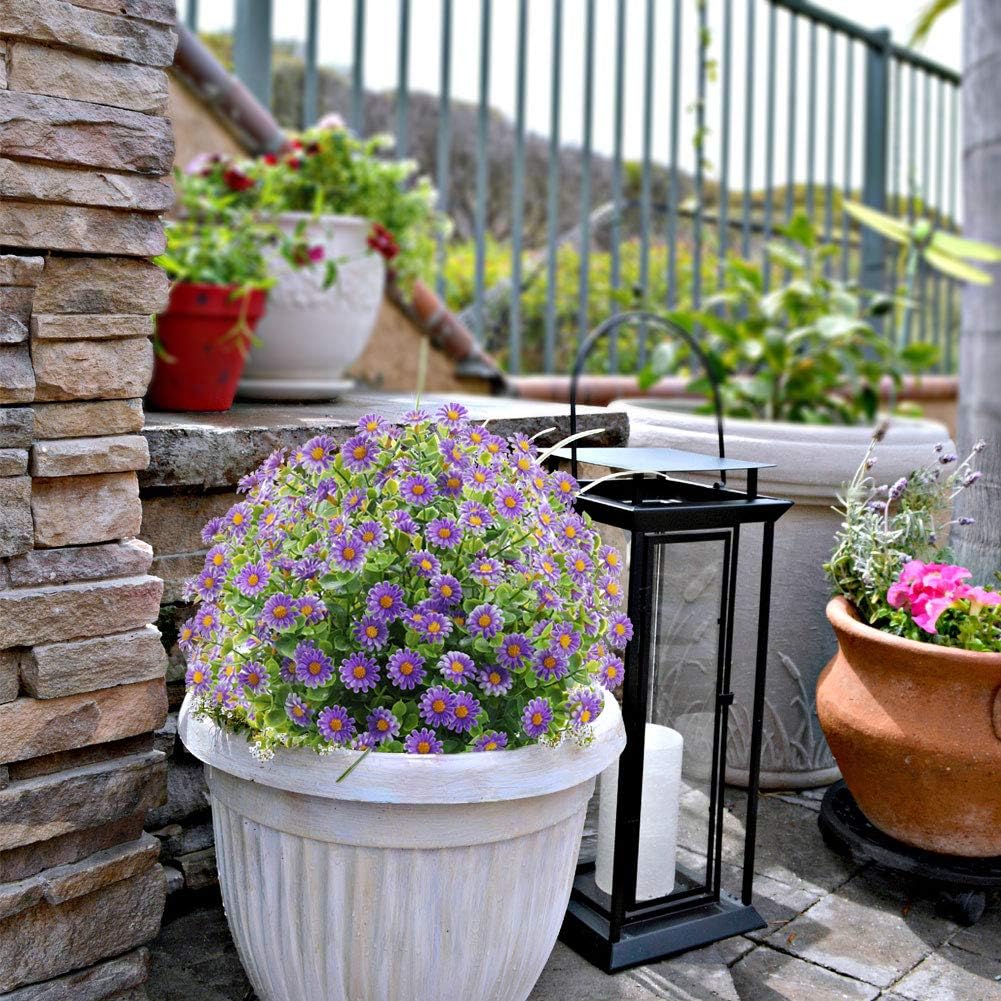 GREENRAIN 18 Bundles Artificial Daisy Flowers Outdoor Fake Flowers for Decoration No Fade Faux Plastic Flower Garden Porch Window Box Décor (Purple)