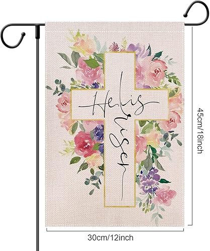 Miniatura 5 de Bandera de jardín de Pascua con texto en inglés He is Risen para exteriores de 12 x 18 pulgadas doble cara decoración religiosa de patio cristiano