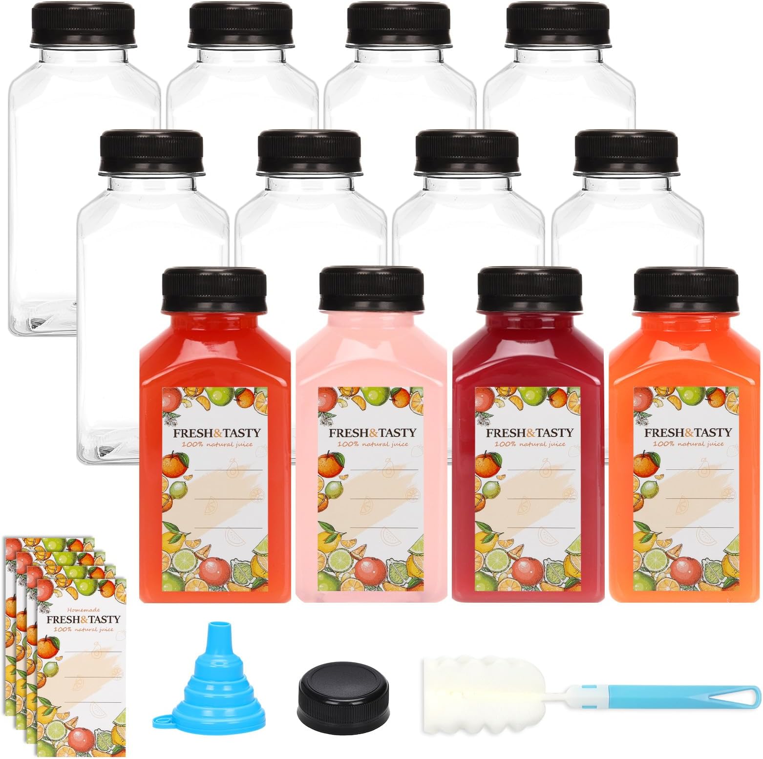 TOMNK 12pcs 10oz Plastic Juice Bottles with Caps Empty Reusable Clear Bottles with Label, Funnel and Brush Beverage Containers Bulk with Lids for Juicing, Smoothies, Fridge
