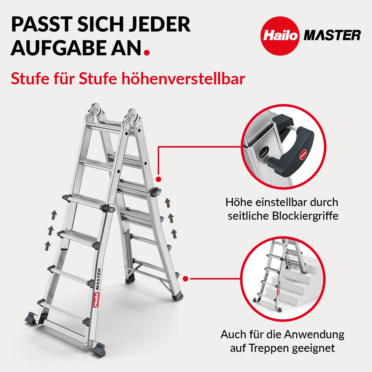 Hailo Master M100 Alu-Multifunktionsleiter 4x4 Stufen bis 150 kg, Silber | Verwendbar als Anlege-, Schiebe- und Stehleiter, Stufen im Arbeitsbereich für sicheren Stand