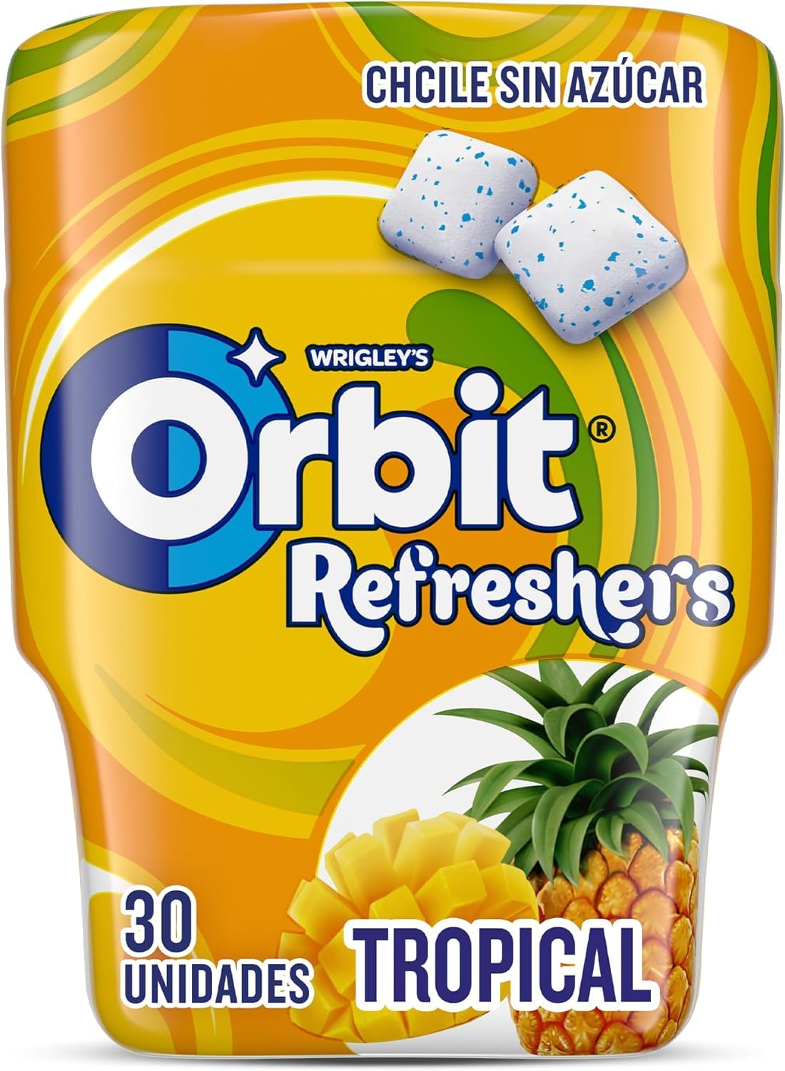 Orbit Bote de Chicles Sin Azúcar Sabor Tropical, Afrutado, Intenso y de Larga Duración (6 x 30 chicles)