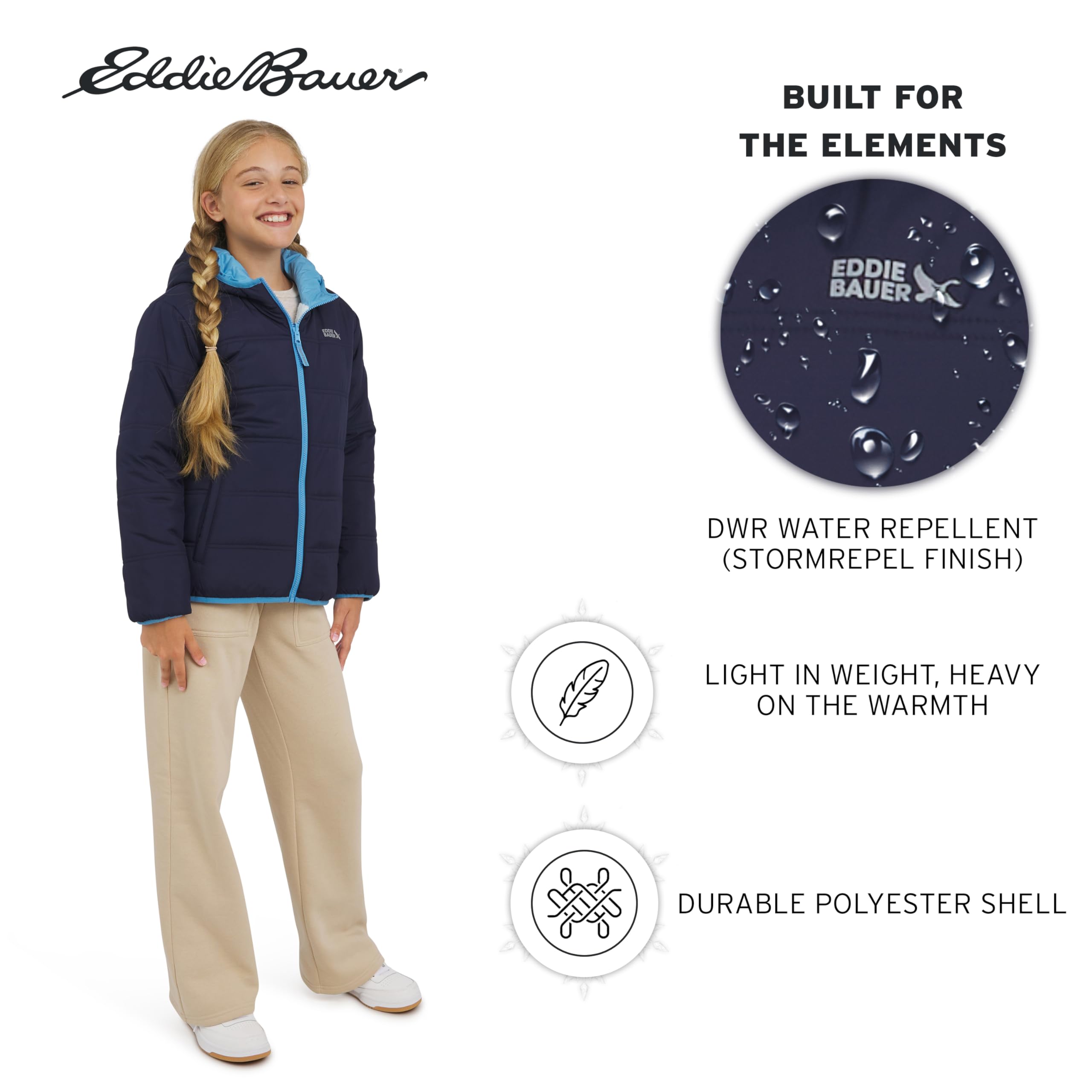 Eddie Bauer Girls' Deer Harbor Reversible Faux Fur Lined Insulated Puffer Jacket (XS-XL)