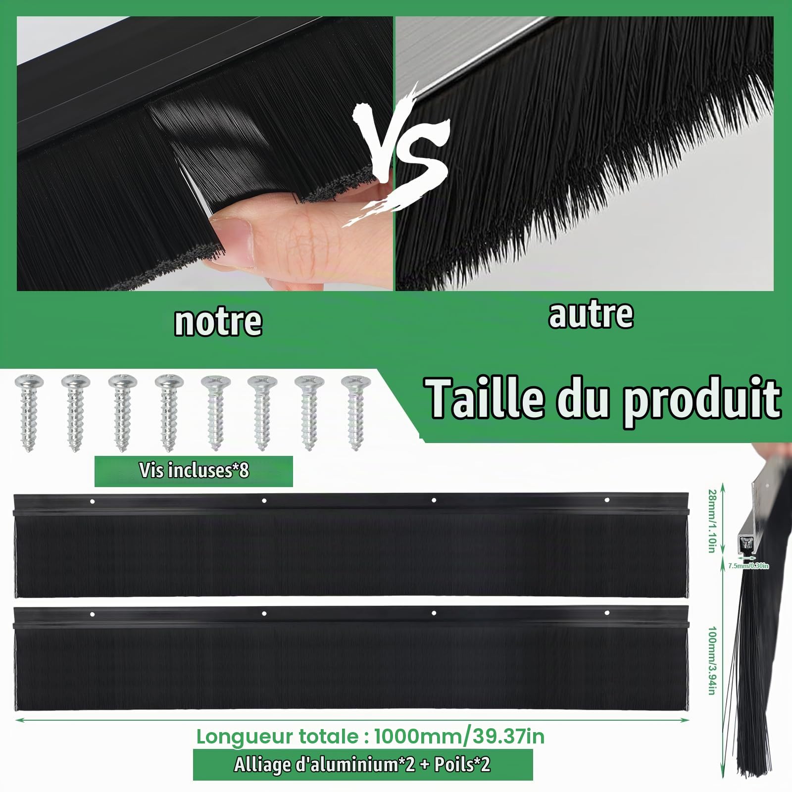 Joint brosse en 2 pièces, brosse à bande, joint de porte en aluminium profilé en H, brosse de porte avec brosse en PP pour une utilisation intérieure et extérieure, coupe-froid, (100x10cm)