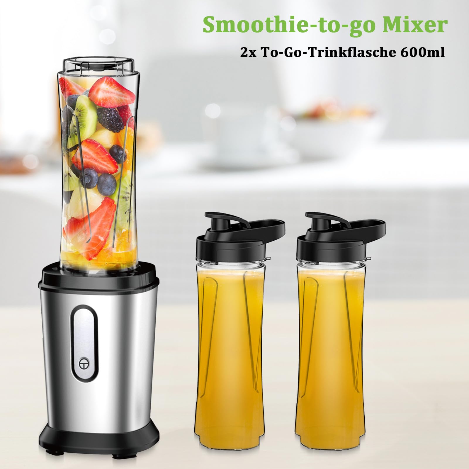 Mixer, 500W Mini Standmixer & Smoothie Maker mit 2x600ml Flaschen BPA frei Tritan, Tragbarer Mixer Smoothie Maker aus Edelstahl 4-Blatt für Shake, Smoothie, Silber (Silber)
