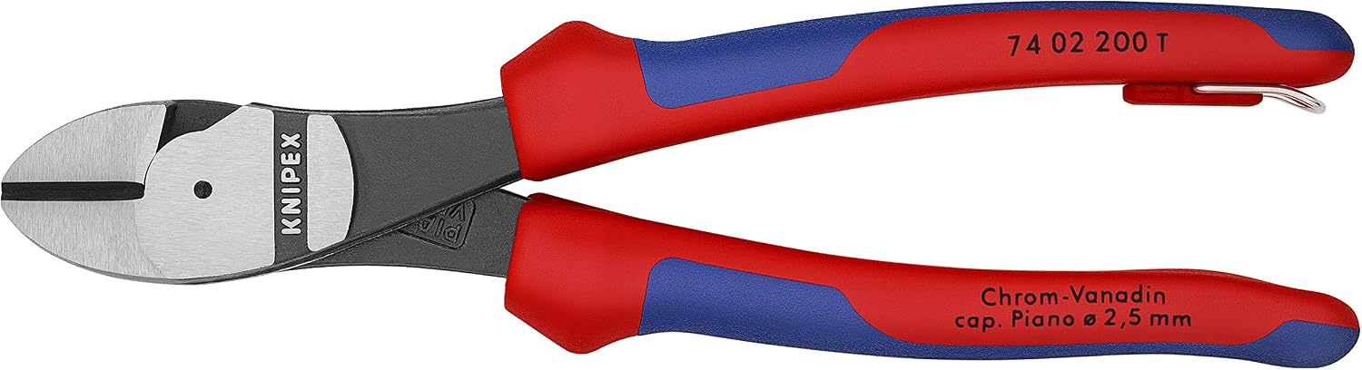 Knipex Tools 74 02 200 T BKA 8" High Leverage Diagonal Cutters, Tether Attachment-Comfort Grip,