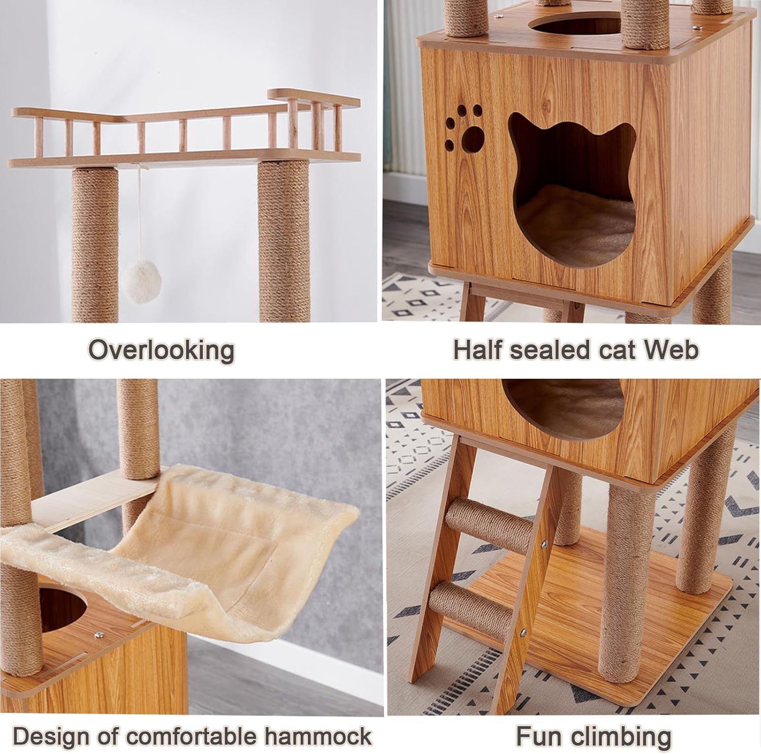 Árbol para Gatos de 155 cm, con 1 Hamaca, casa, 2 cápsulas espaciales Transparentes, 1 Bola Colgante, 1 Plataforma de Salto, árbol para Gatos de Interior (Color del Tronco)