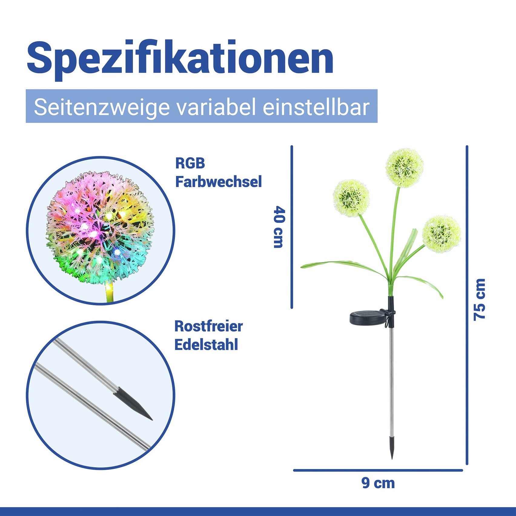 Maximex Solar LED Gartenstecker Pusteblume, 2er Set, LEDs in 5 Farben, 2 Lichtmodi, Dämmerungssensor, wetterfest, Solar Gartenbeleuchtung für Beete und Pflanzkübel, 9 x 75 cm, Polyester/Metall