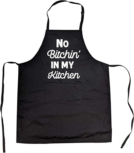 Crazy Dog T-Shirts Delantal de cocina con texto en inglés "No Bitchin In My Kitchen Grill Baking Cooking Gift for Her Mom, Negro -