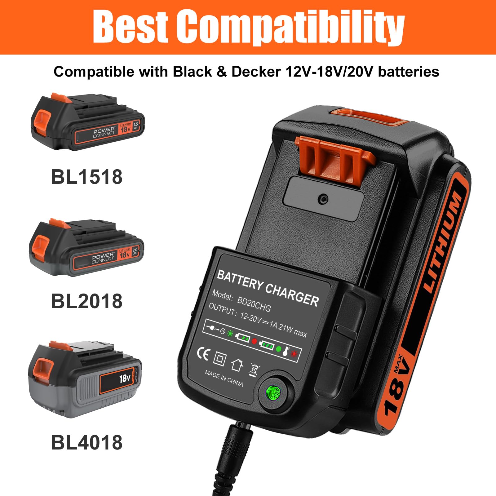 ENERGUP 18V/20V Chargeur de Remplacement pour Black and Decker Batterie 18V BL2018 LBXR20 LBXR20B LBX4020 BL1518 BL4018