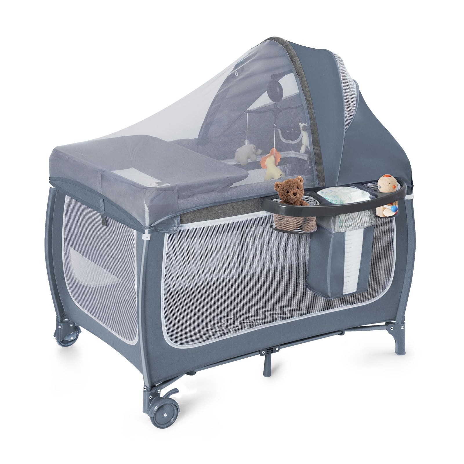 SIMPLGIRL Bedside Bassinet for Baby, 4 in 1 Pack n P-Lay Bassinet Bedside Sleeper Baby Crib with Mosquito Net,T-oys & Music B-ox, Mattress, Foldable