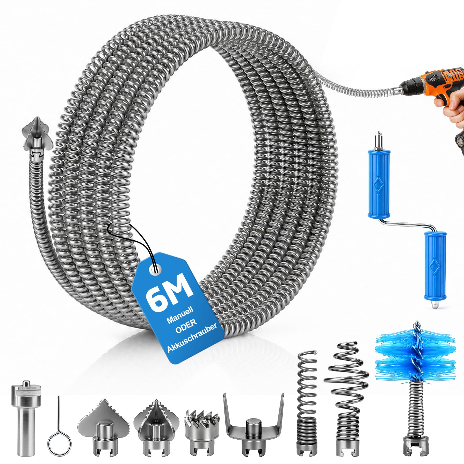 Rohrreinigungsspirale 6m(2x3m) x Ø12mm mit 7tlg Abflussreiniger Schneidkopf