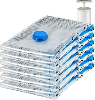 Amazon Basics Vacuum Compression Zipper Storage Bags with Airtight Valve and Hand Pump, Jumbo, 6-Pack, Clear